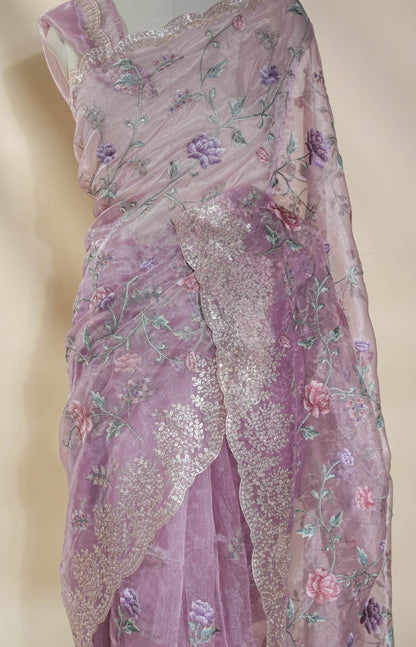 Pink Embroidery Tissue Saree
