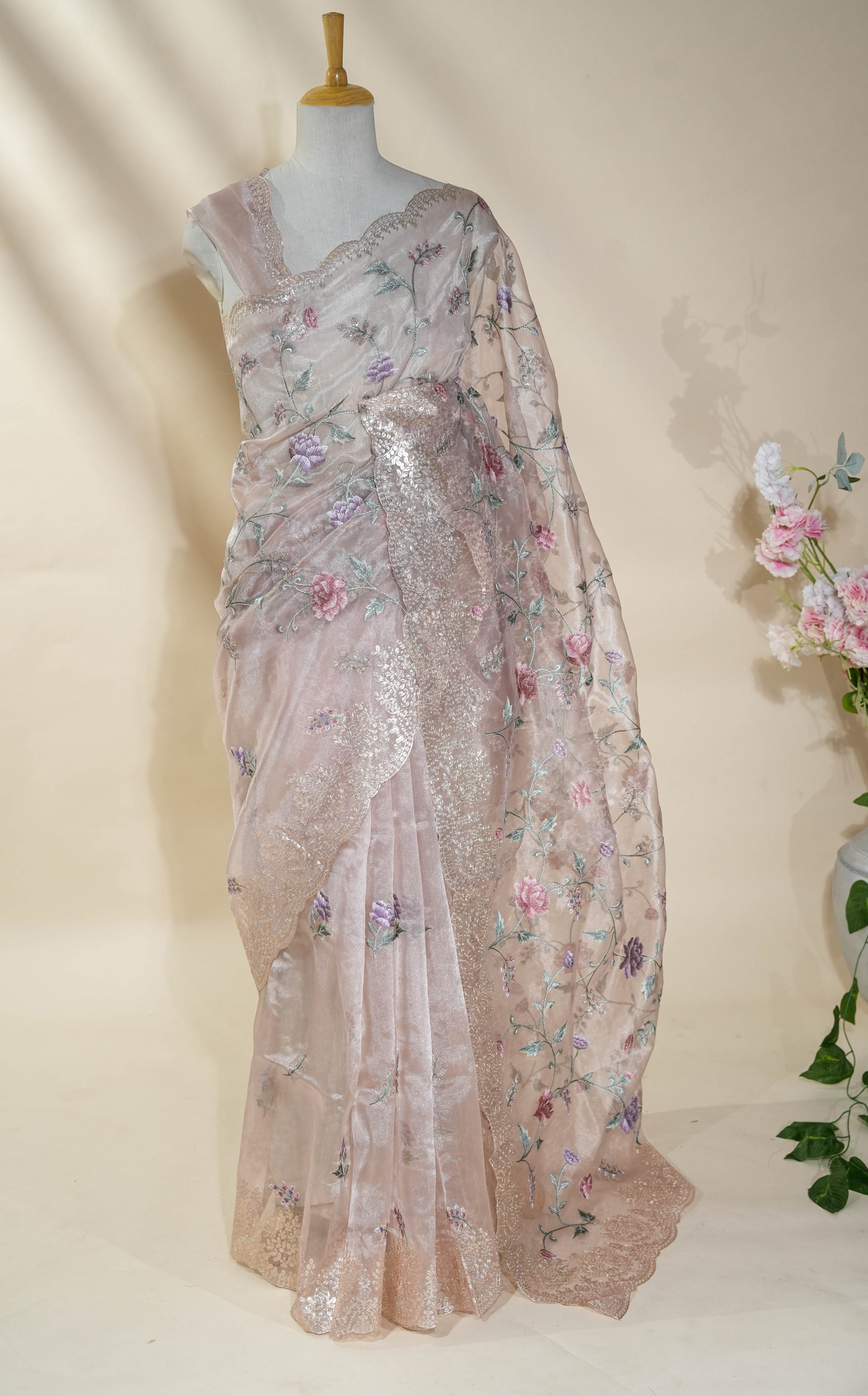 Pastel Embroidery Tissue Saree