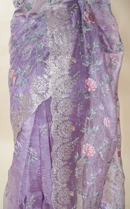 Purple Embroidery Tissue Saree