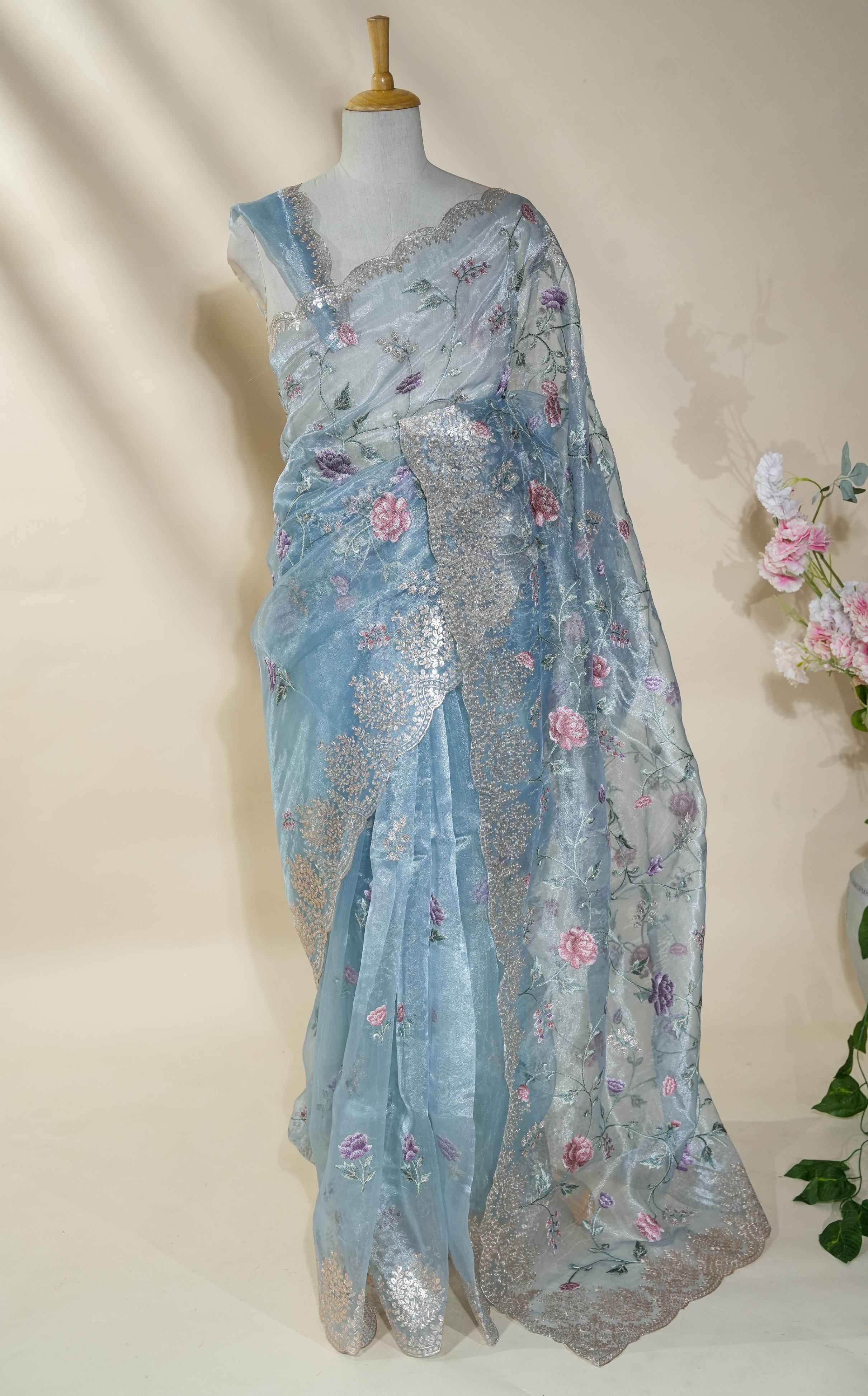 Ferozi Embroidery Tissue Saree