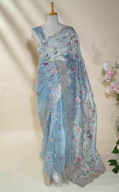 Ferozi Embroidery Tissue Saree