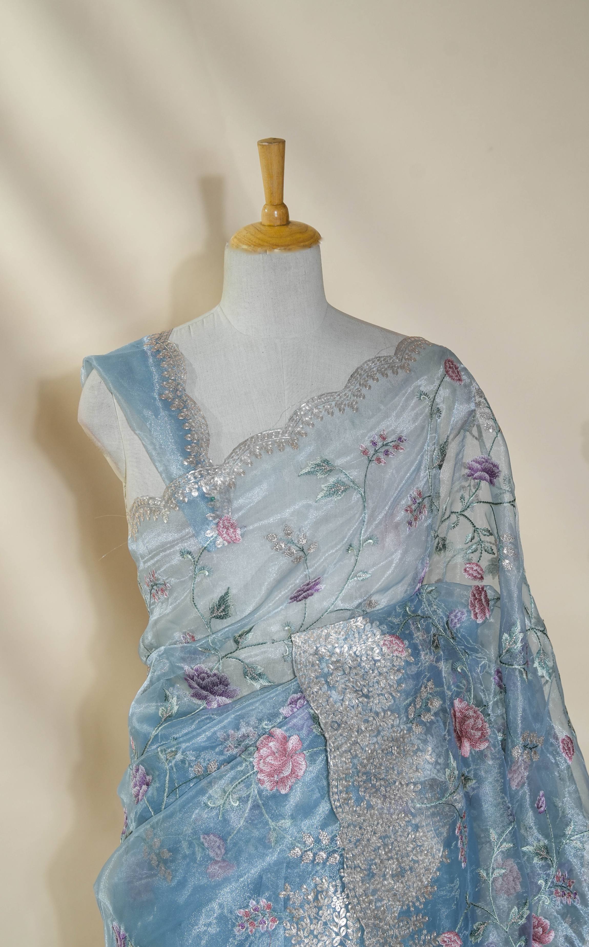 Ferozi Embroidery Tissue Saree