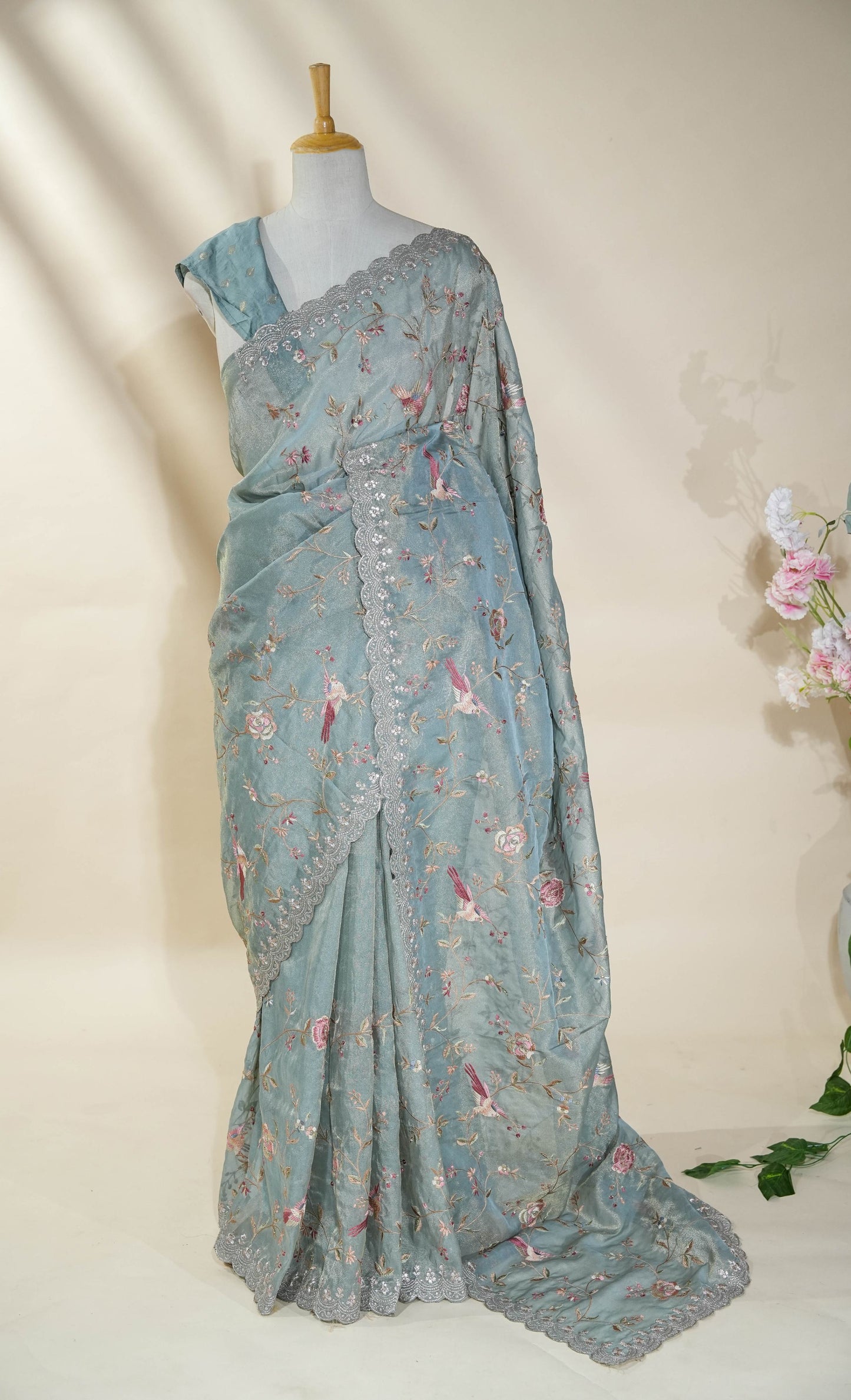 Ferozi Embroidery Tissue Saree