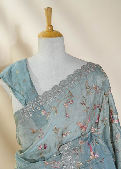 Ferozi Embroidery Tissue Saree