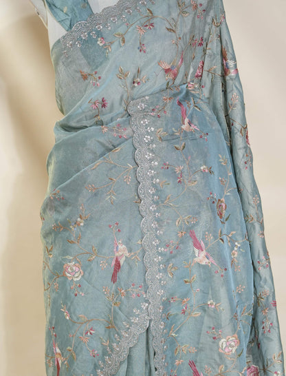 Ferozi Embroidery Tissue Saree