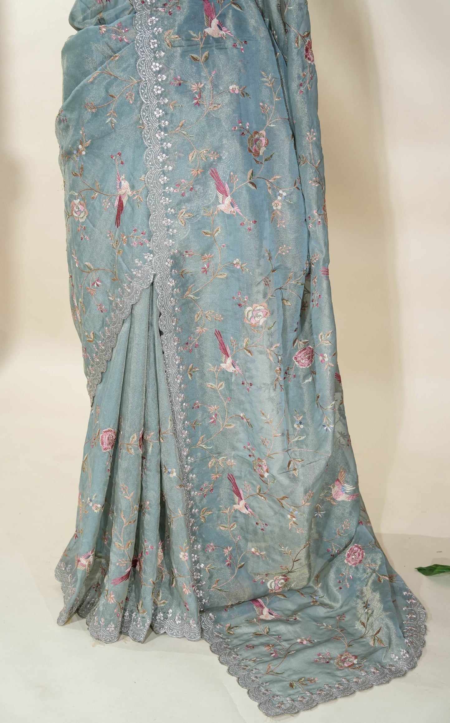 Ferozi Embroidery Tissue Saree