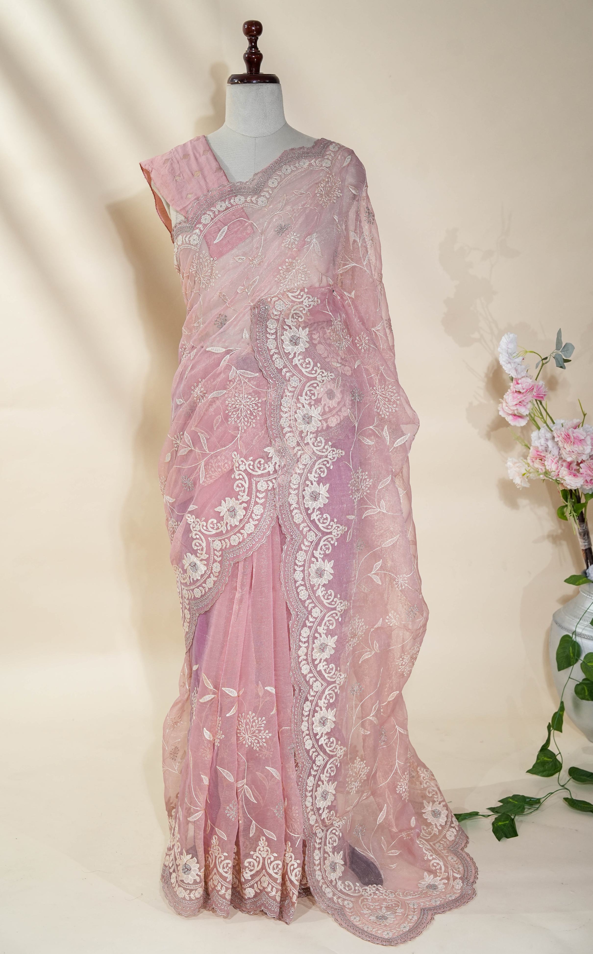 Pink Embroidery Organza Saree