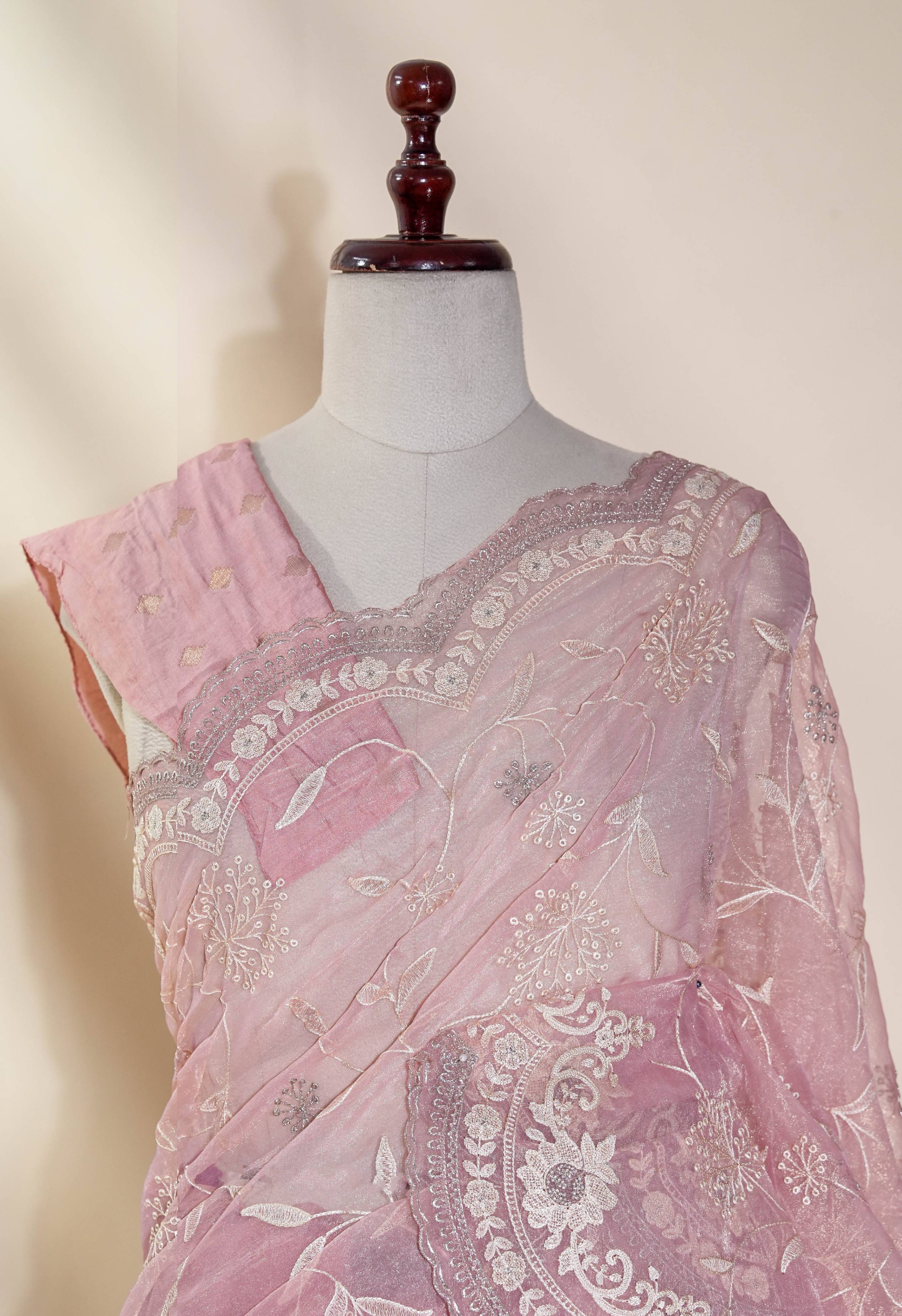Pink Embroidery Organza Saree