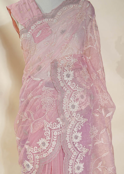 Pink Embroidery Organza Saree