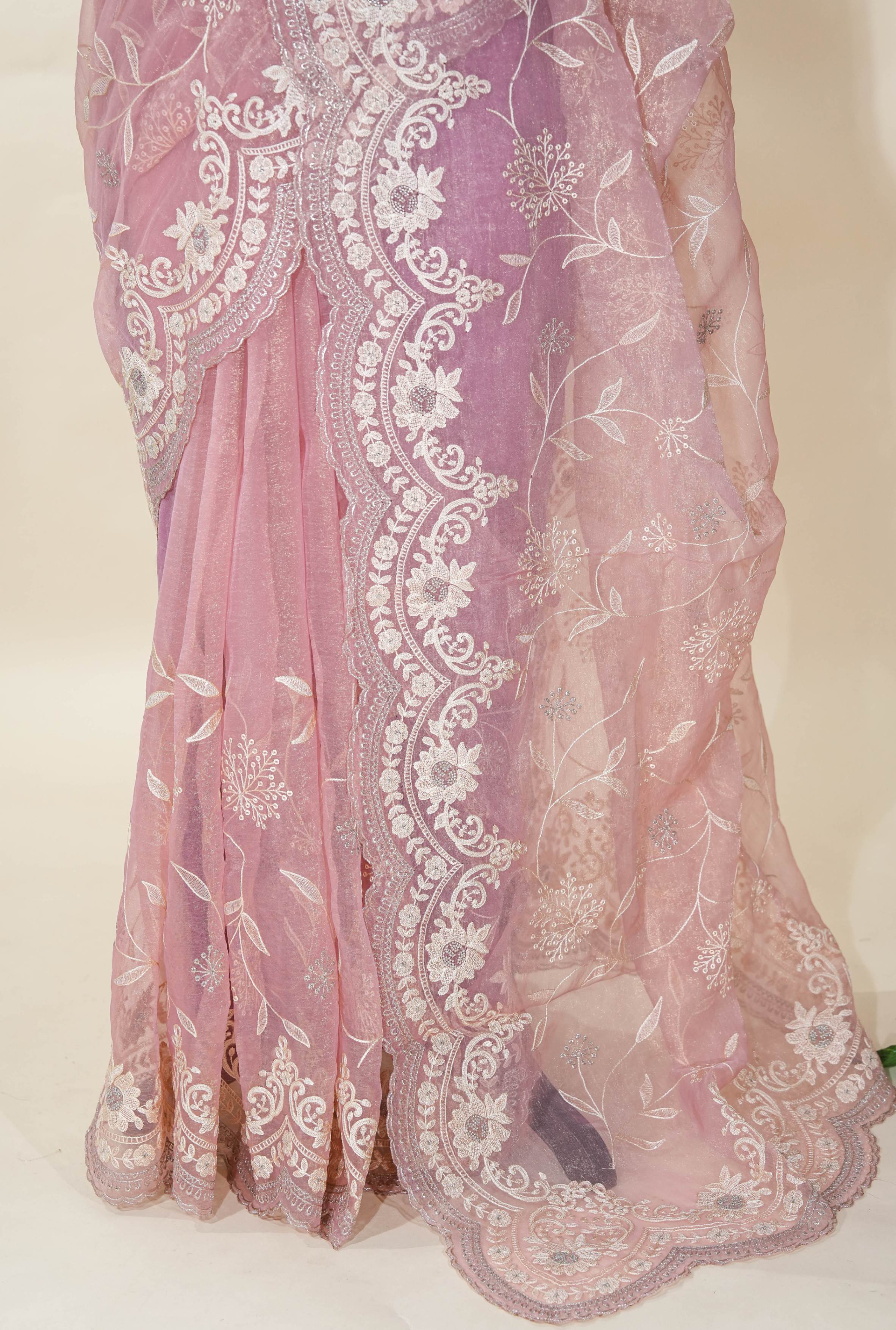 Pink Embroidery Organza Saree