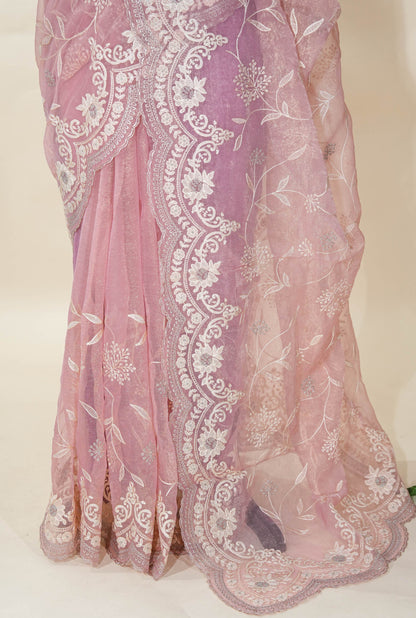 Pink Embroidery Organza Saree