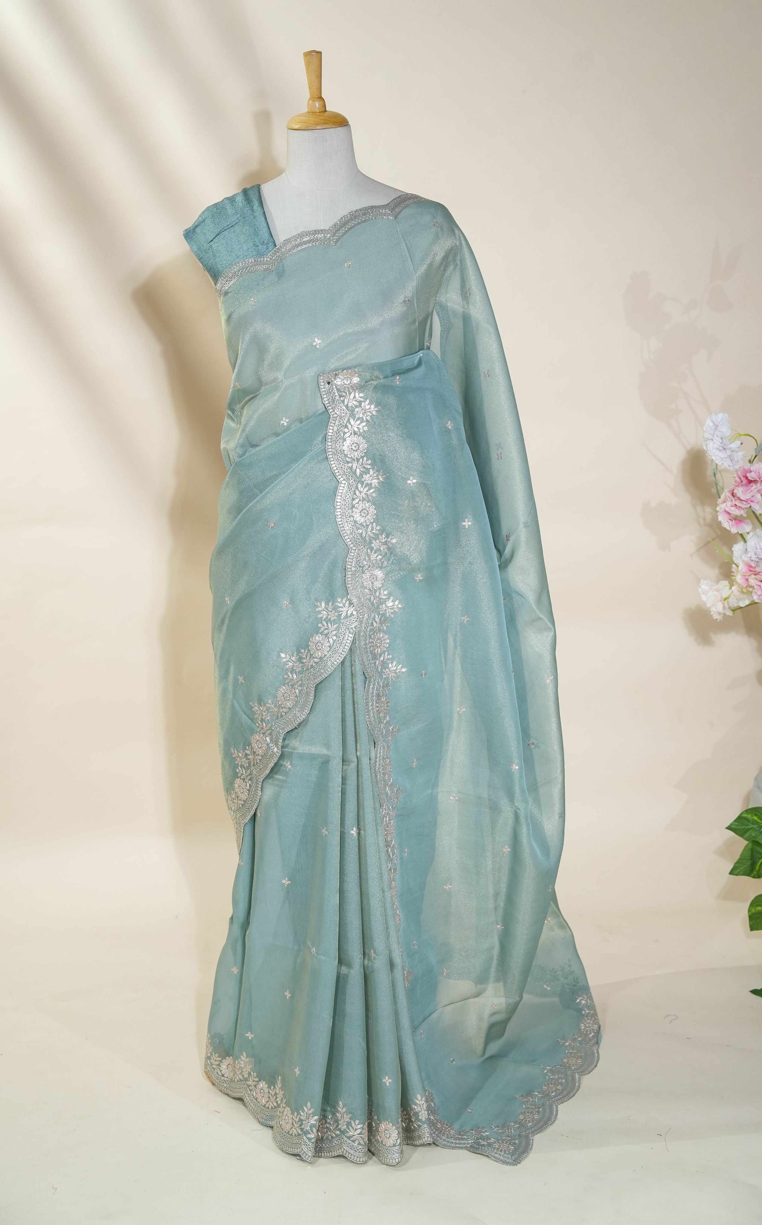 Grey Embroidery Tissue Saree