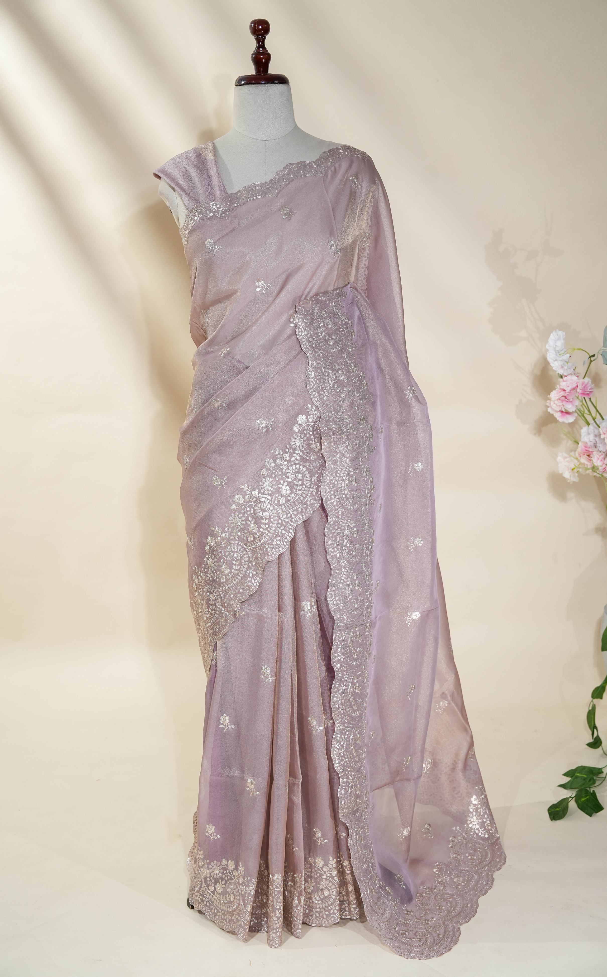Pink Embroidery Tissue Saree
