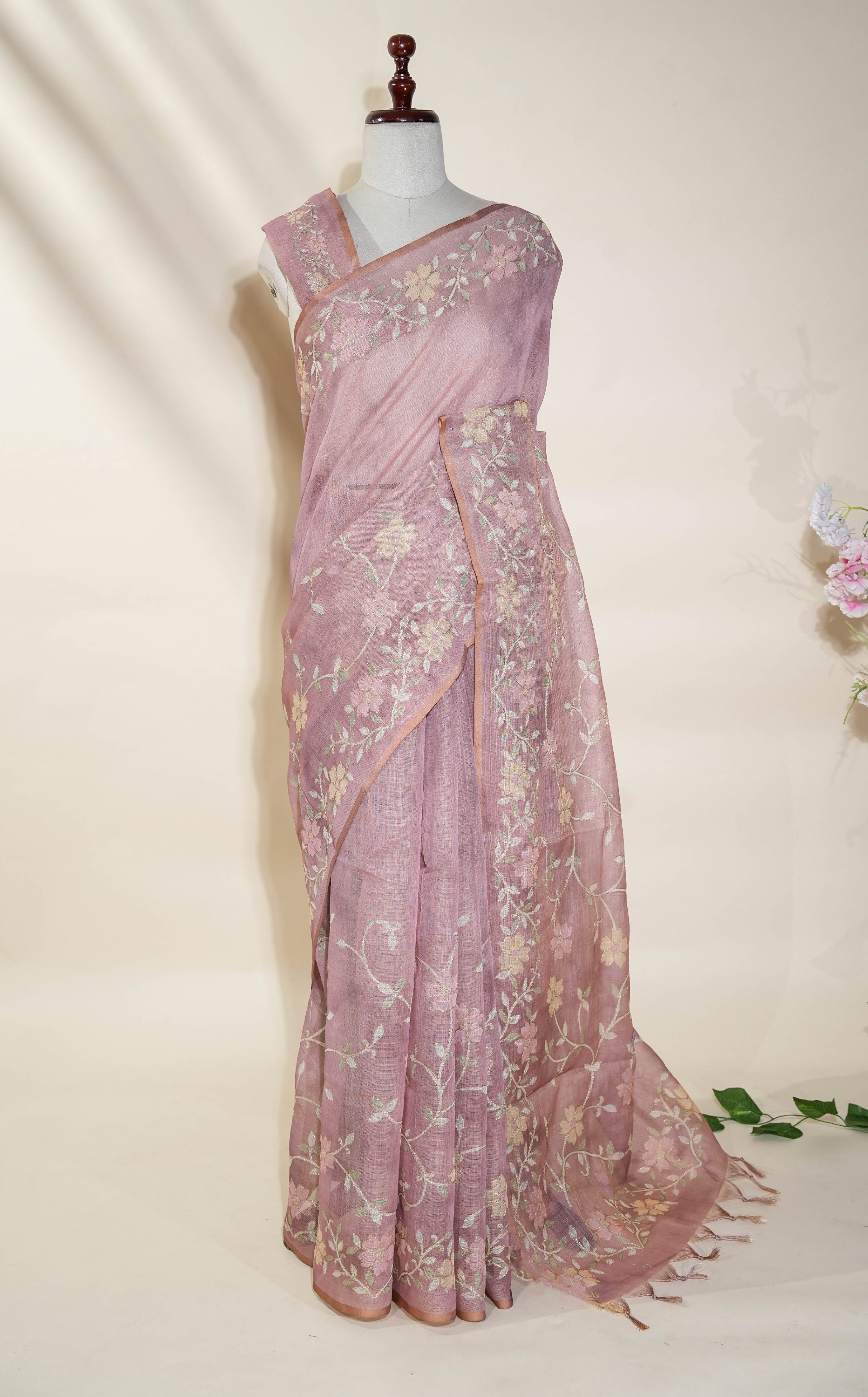 Pink Printed Embroidery Tissue Saree