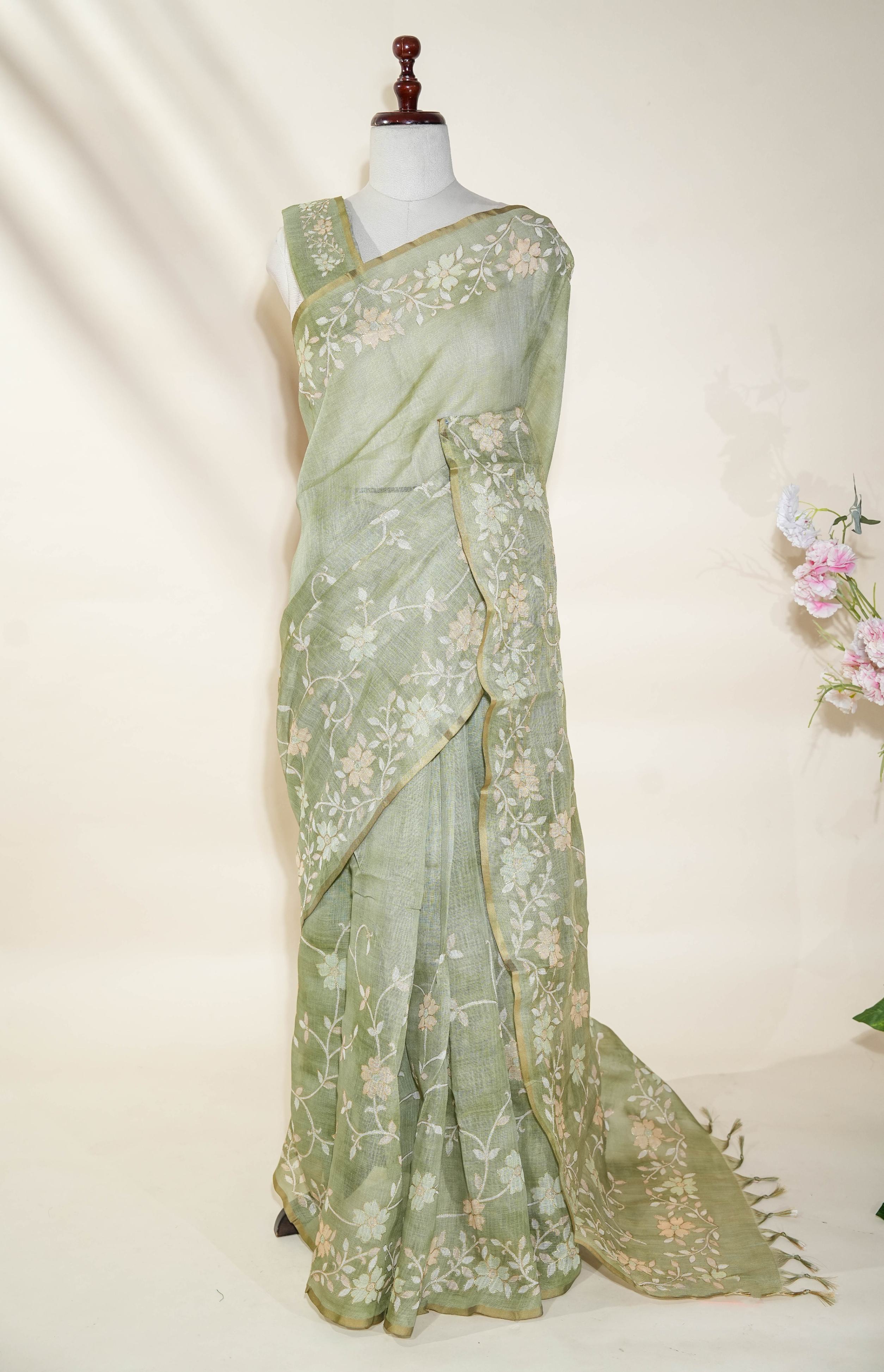 Green Printed Embroidery Tissue Saree