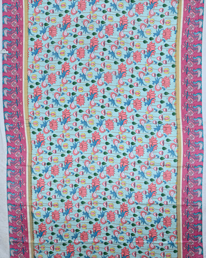 Ferozi Blue color Chanderi Kalamkari Saree