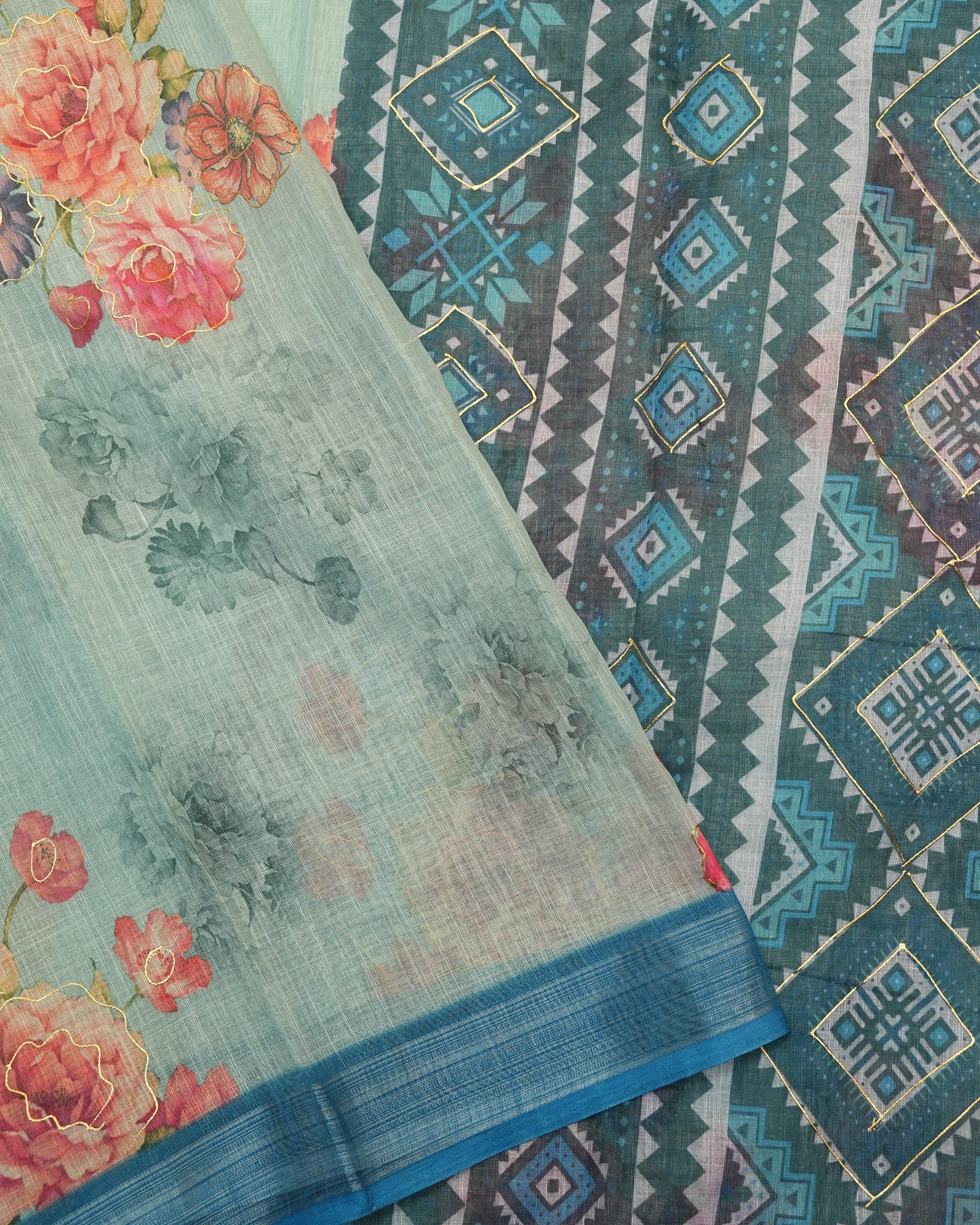 Ferozi color Lenin Saree