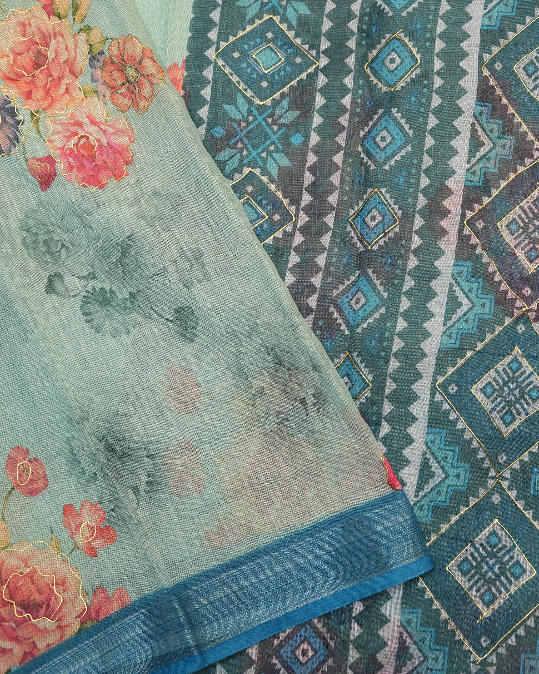 Ferozi color Lenin Saree