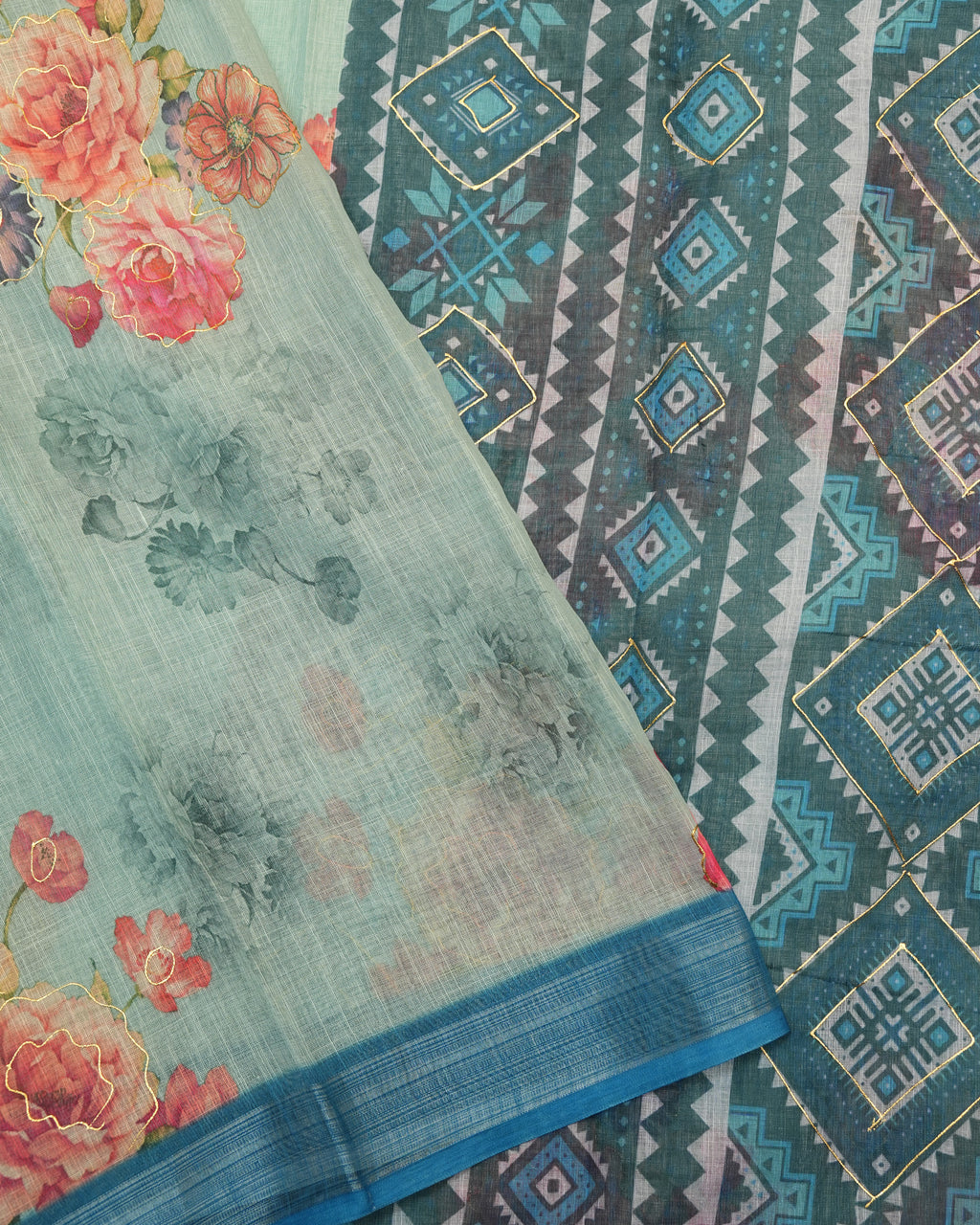 Ferozi color Lenin Saree