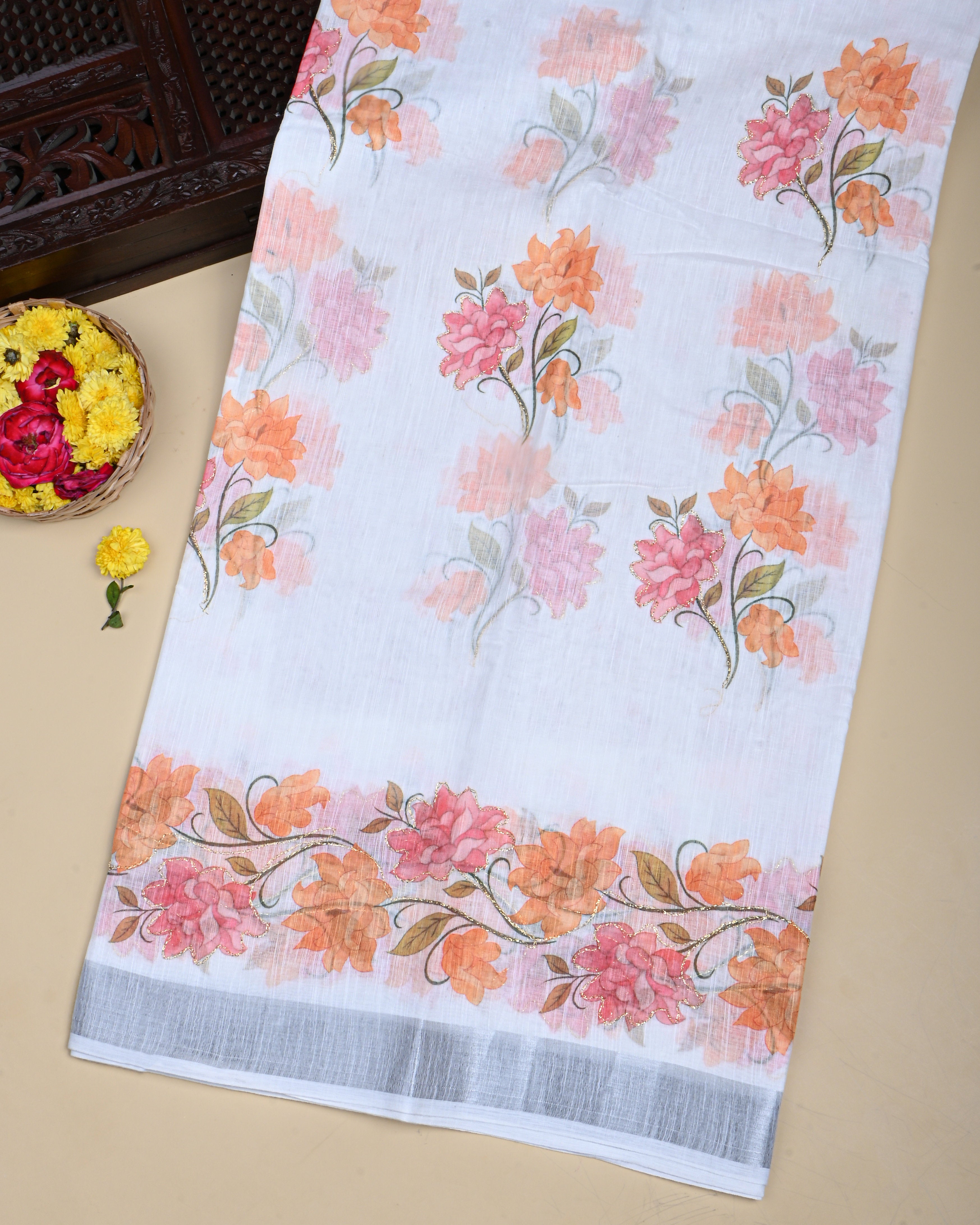 Off White Color Lenin Saree