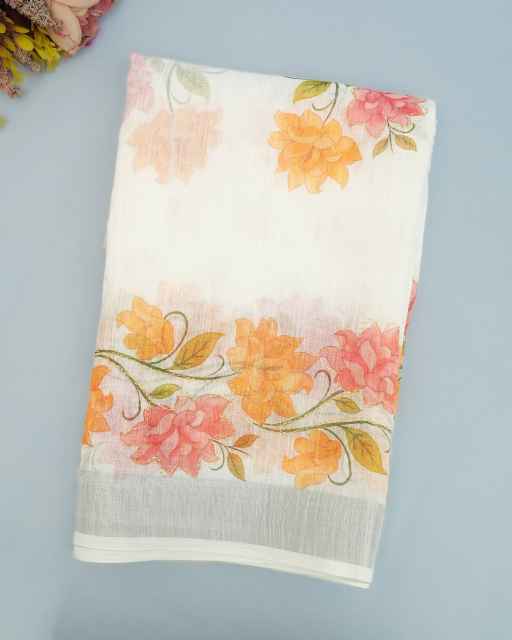 Off White color Lenin Saree