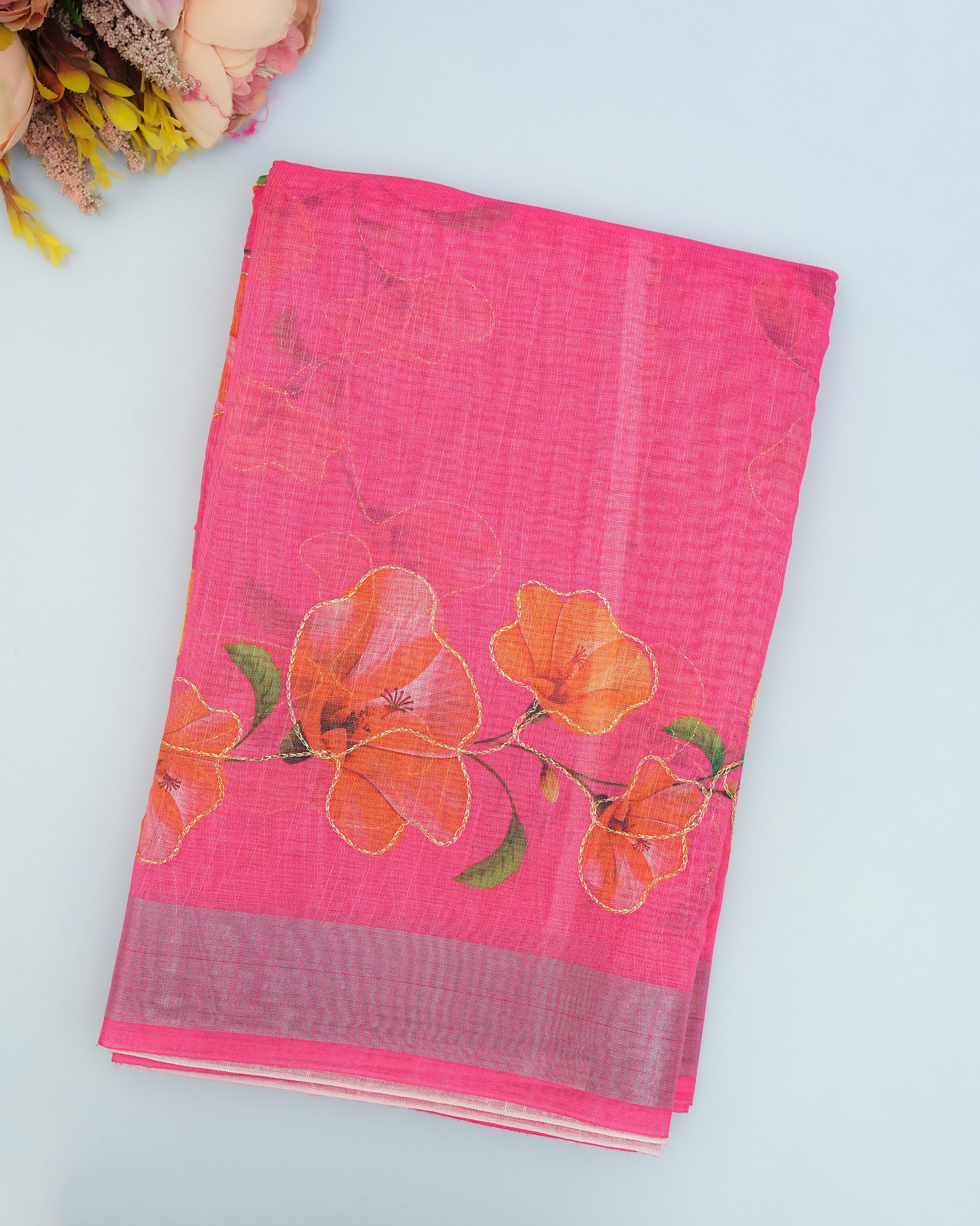 Pink color Lenin Saree