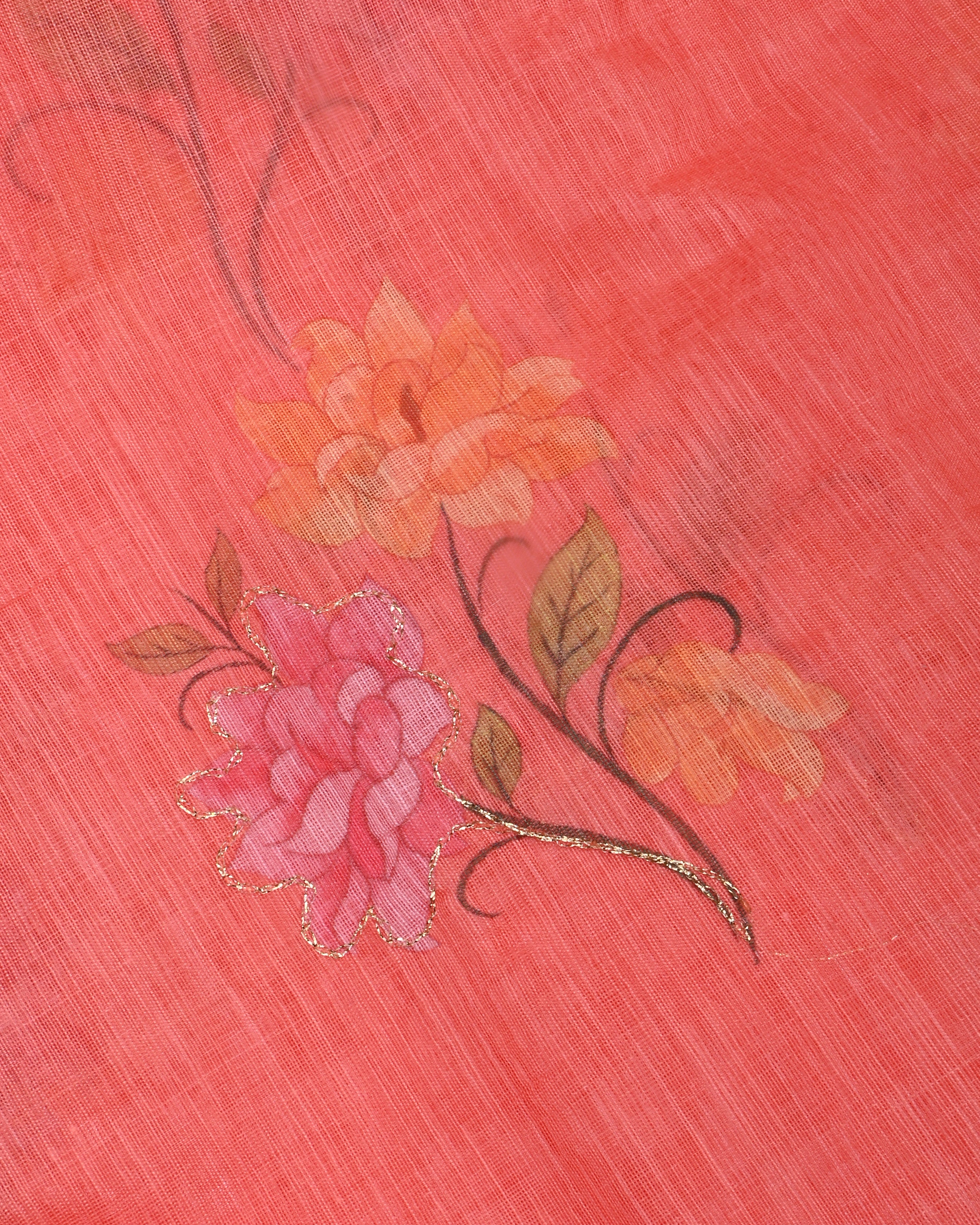 Coral Pink Color Lenin Saree