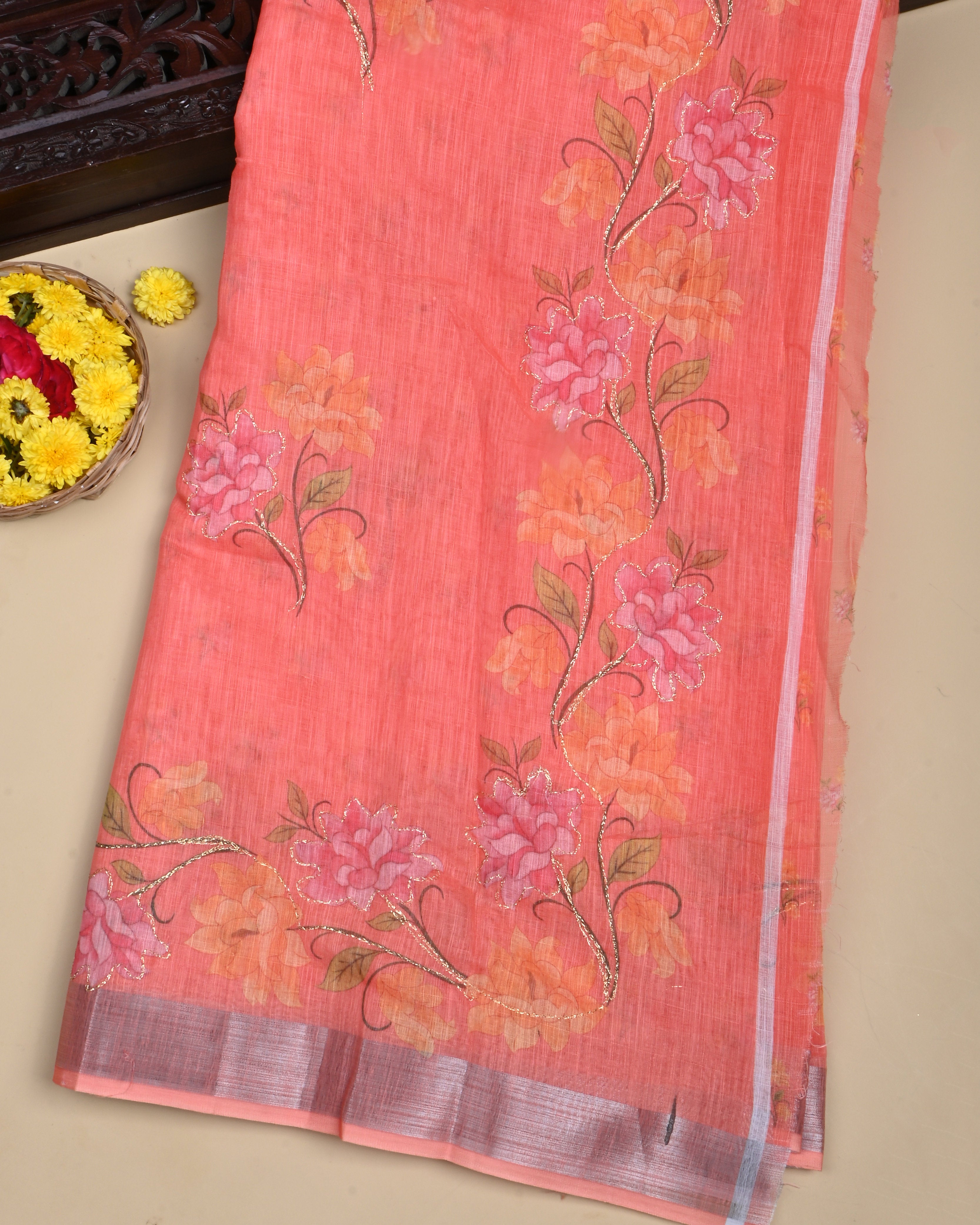 Coral Pink Color Lenin Saree