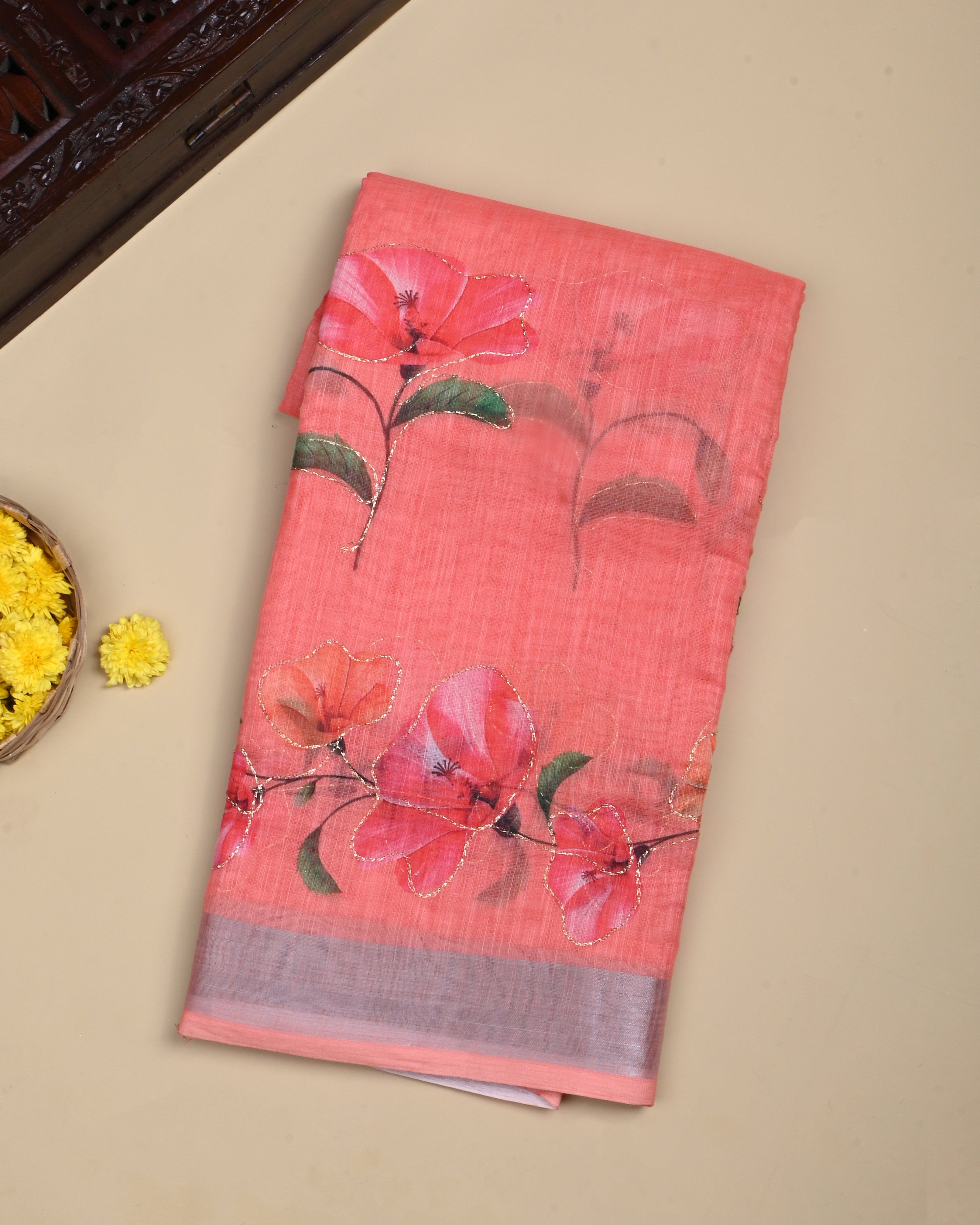 Coral Pink Color Lenin Saree