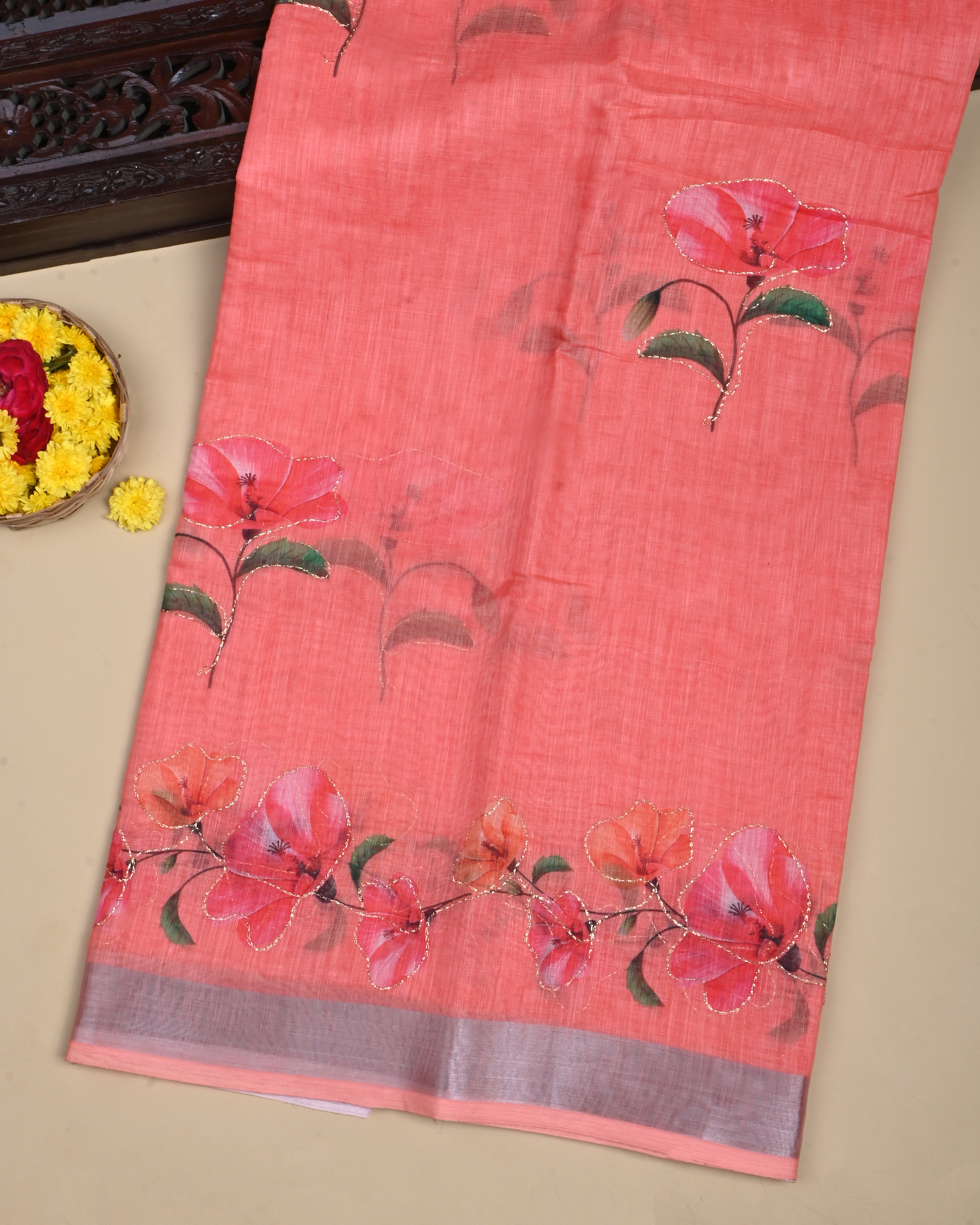 Coral Pink Color Lenin Saree