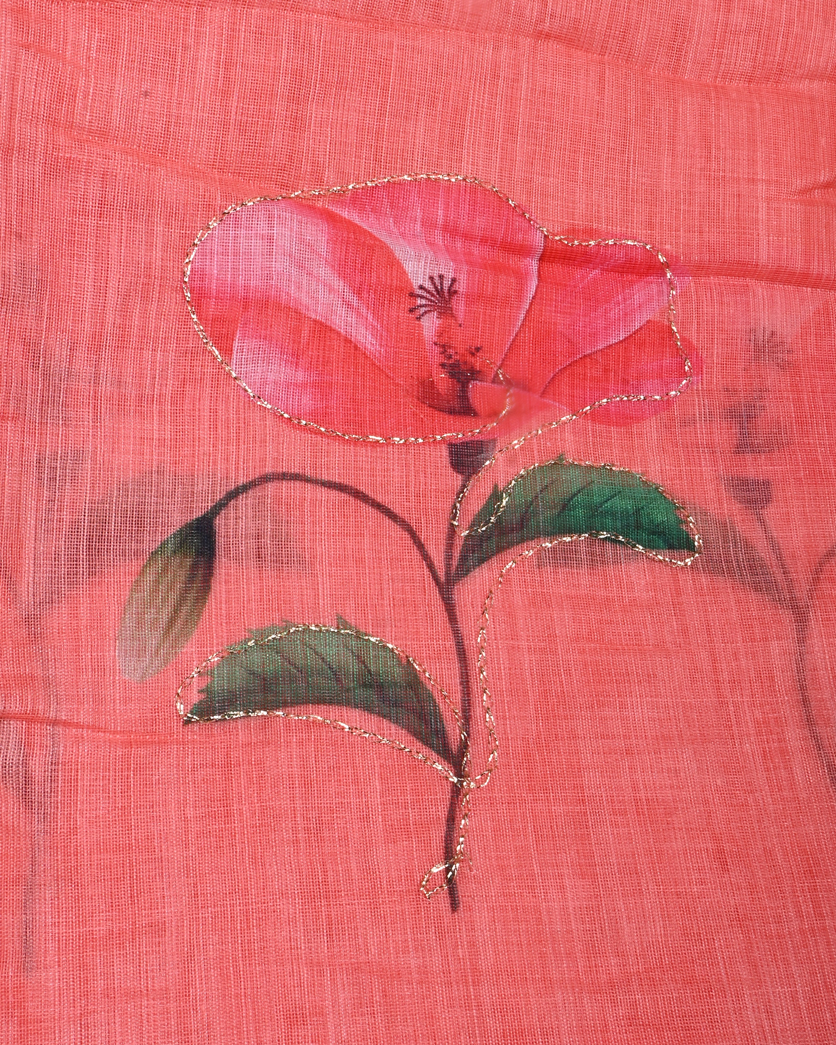 Coral Pink Color Lenin Saree