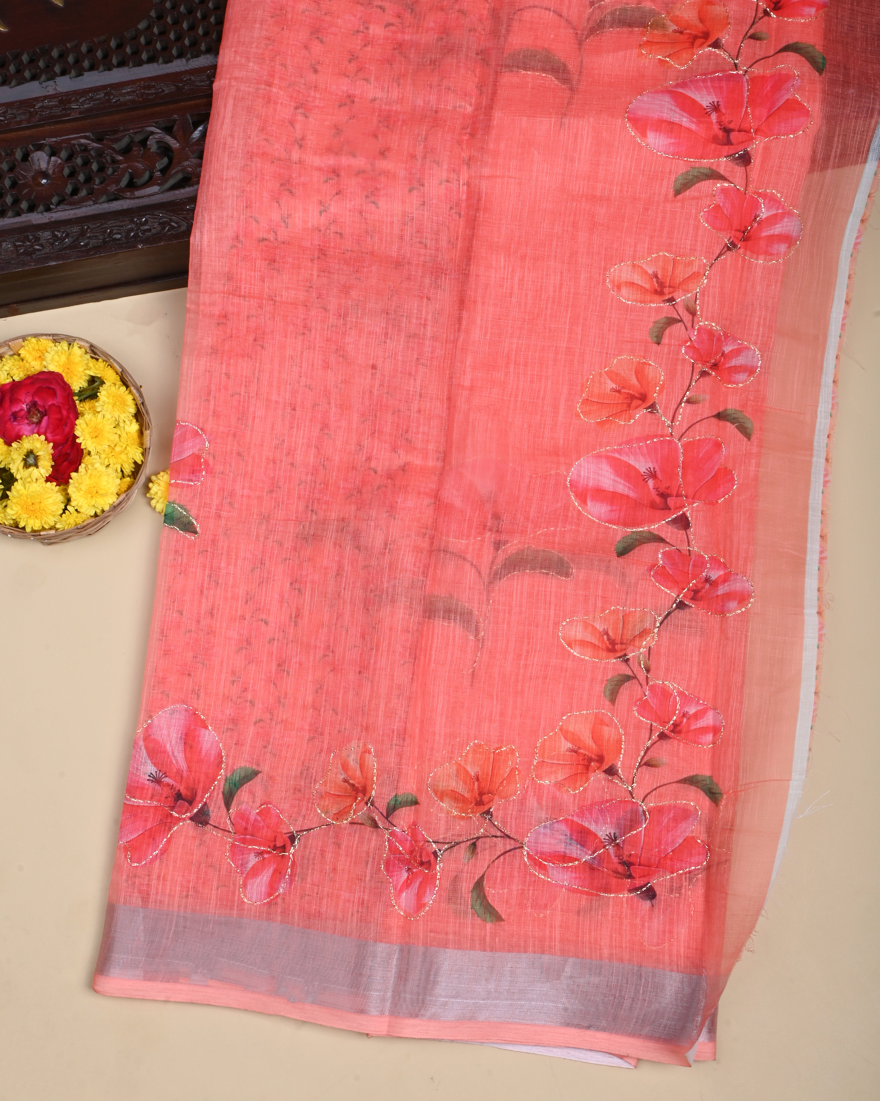 Coral Pink Color Lenin Saree