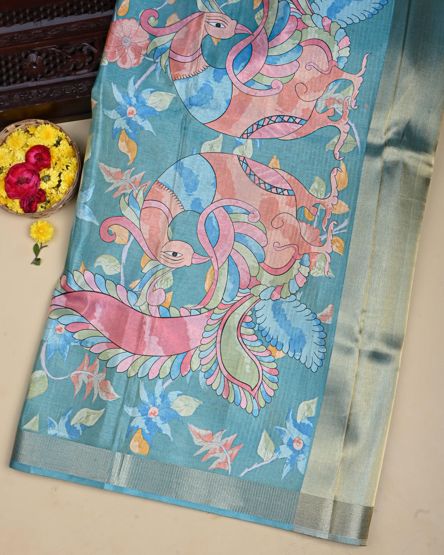 Ferozi Color Tissue Saree