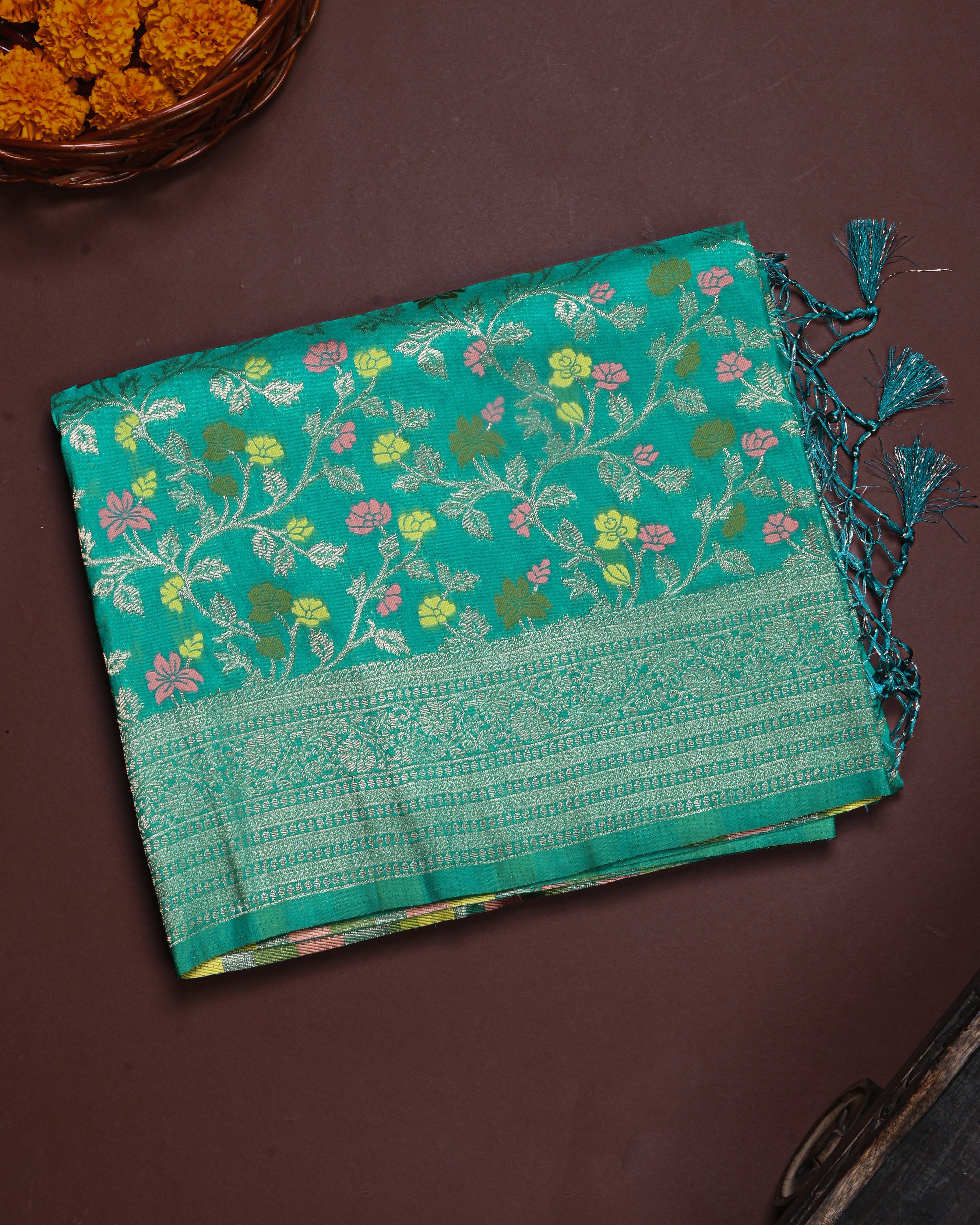 Ferozi color Silk Saree