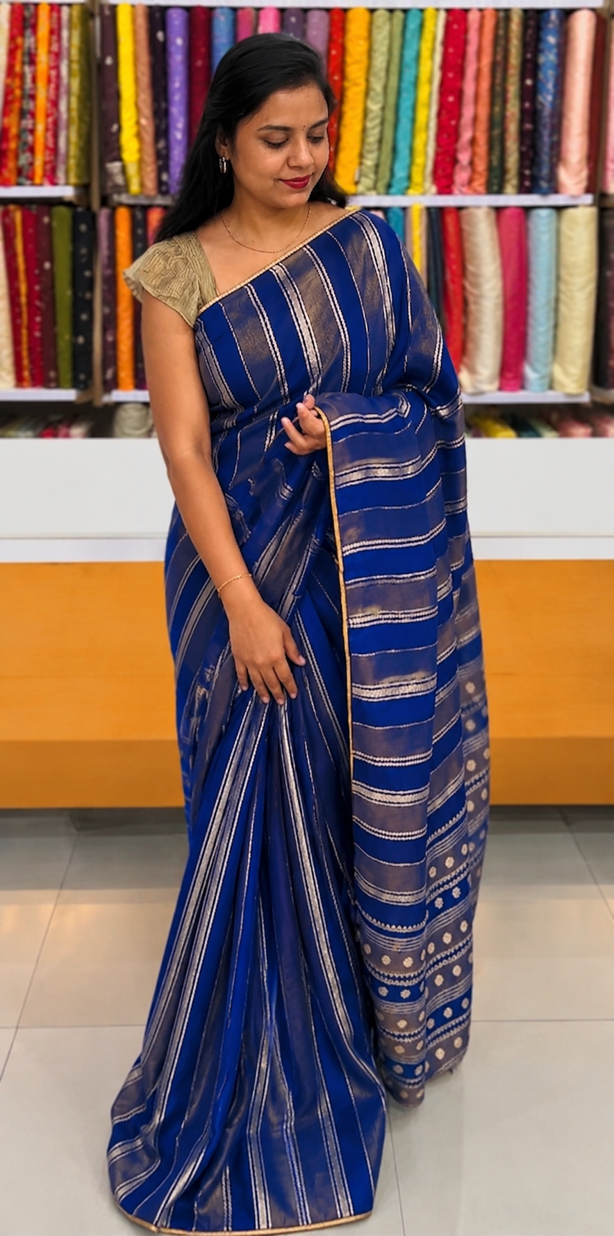 Royal Blue Handloom Cotton Saree with Silver Stripes & Traditional Border