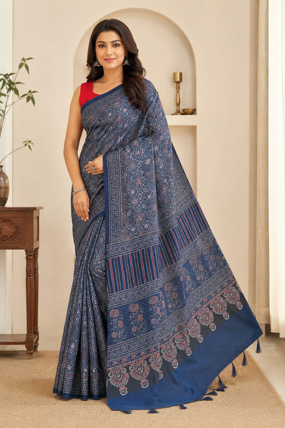 Navy Blue Ajrakh Printed Cotton Saree with Traditional Border