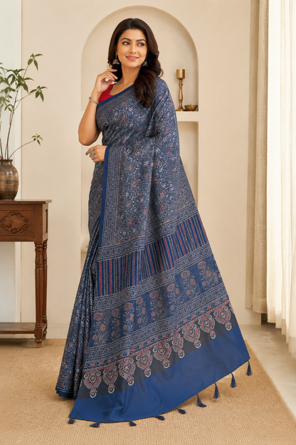 Navy Blue Ajrakh Printed Cotton Saree with Traditional Border