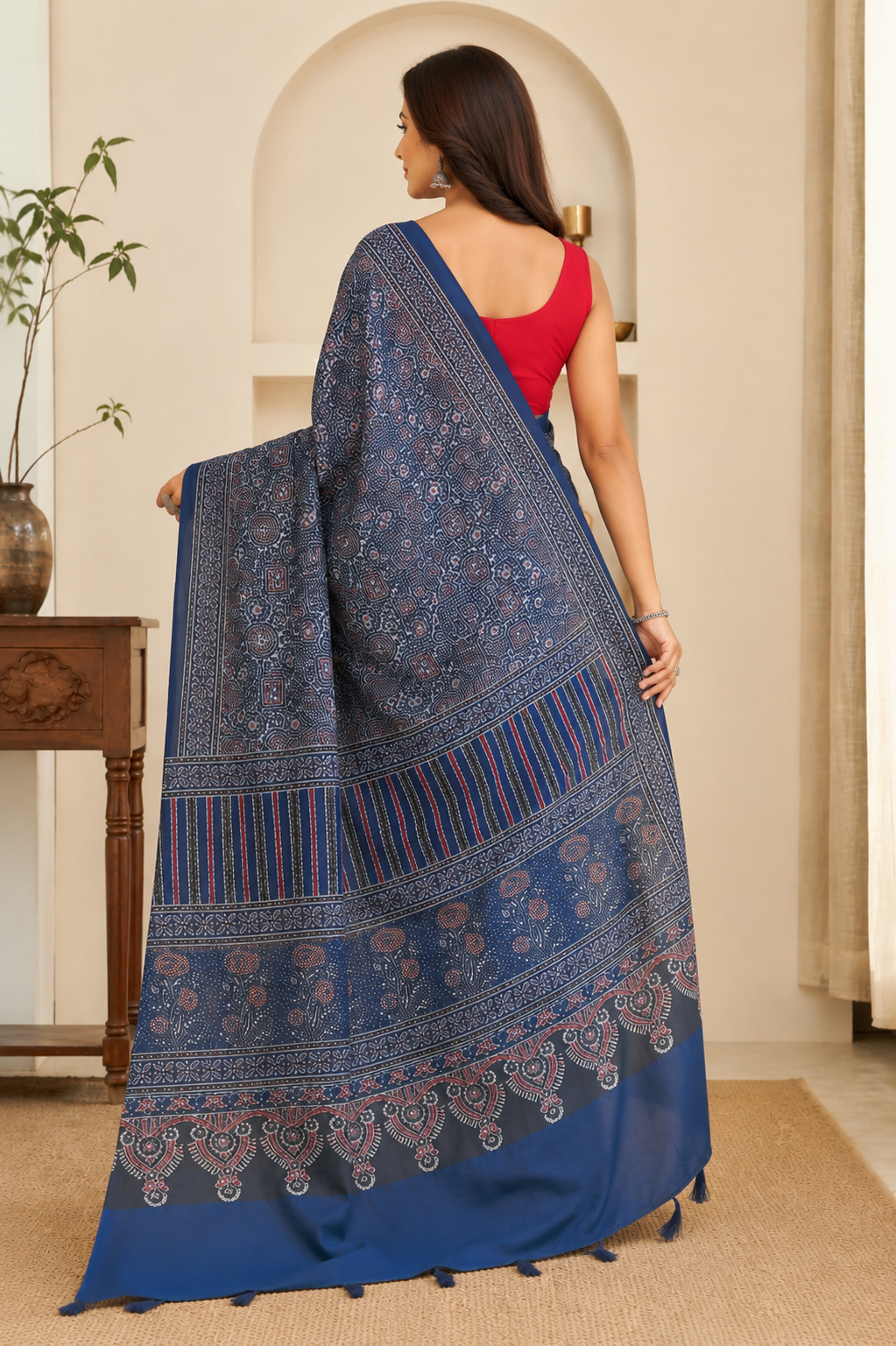 Navy Blue Ajrakh Printed Cotton Saree with Traditional Border