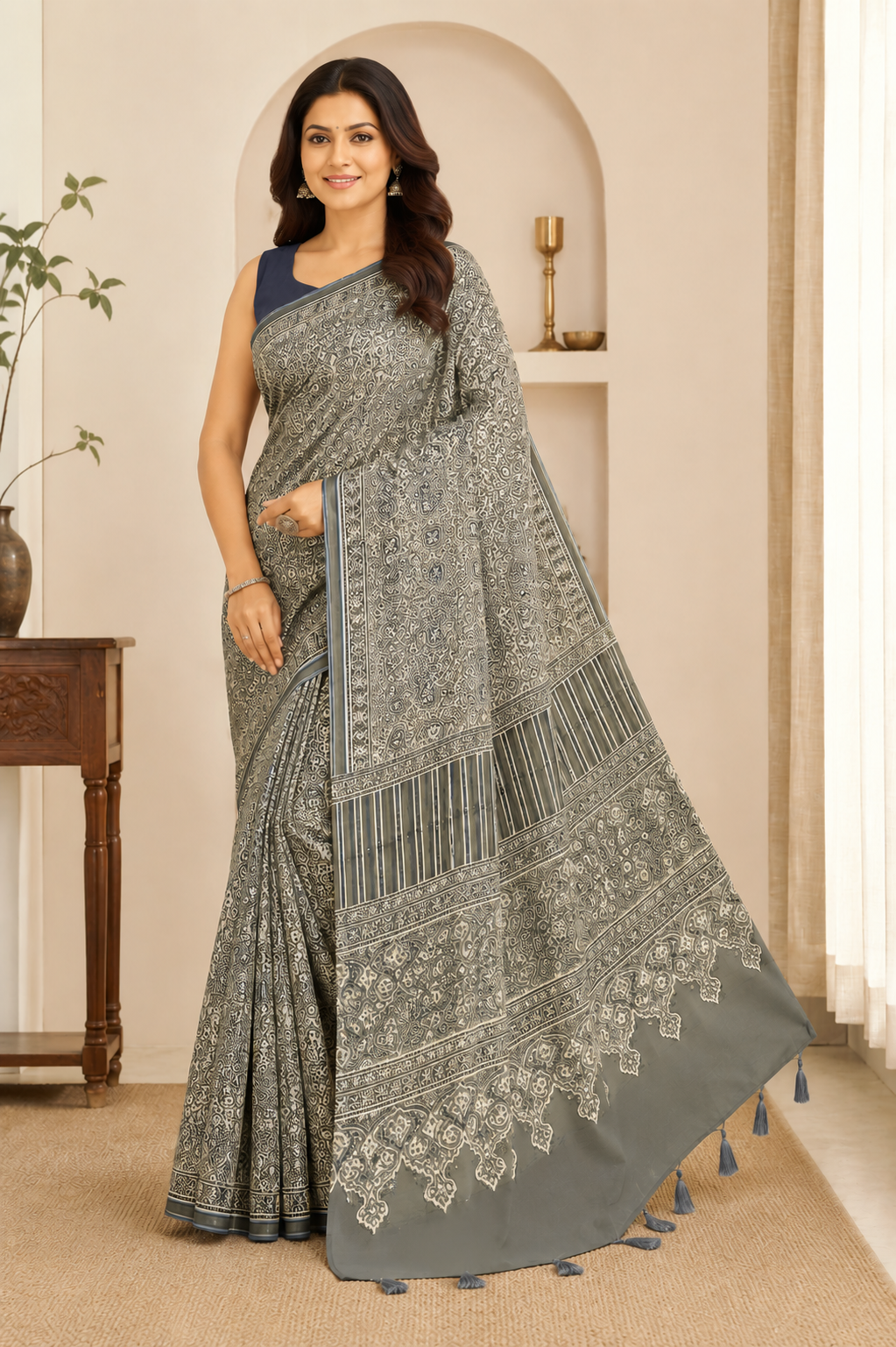 Grey Ethnic Printed Cotton Saree with Tassels