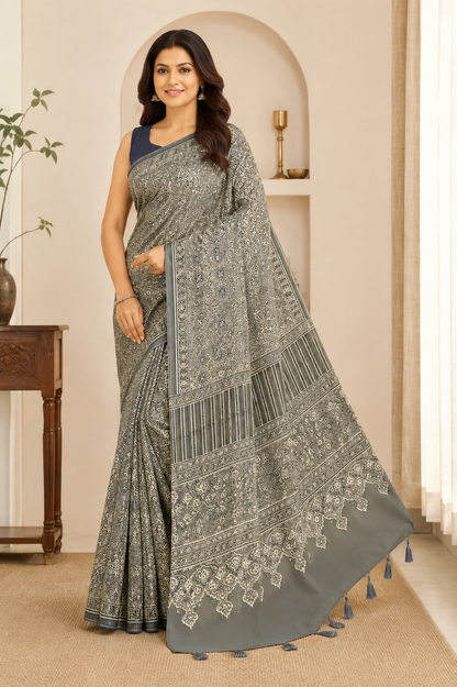 Grey Ethnic Printed Cotton Saree with Tassels