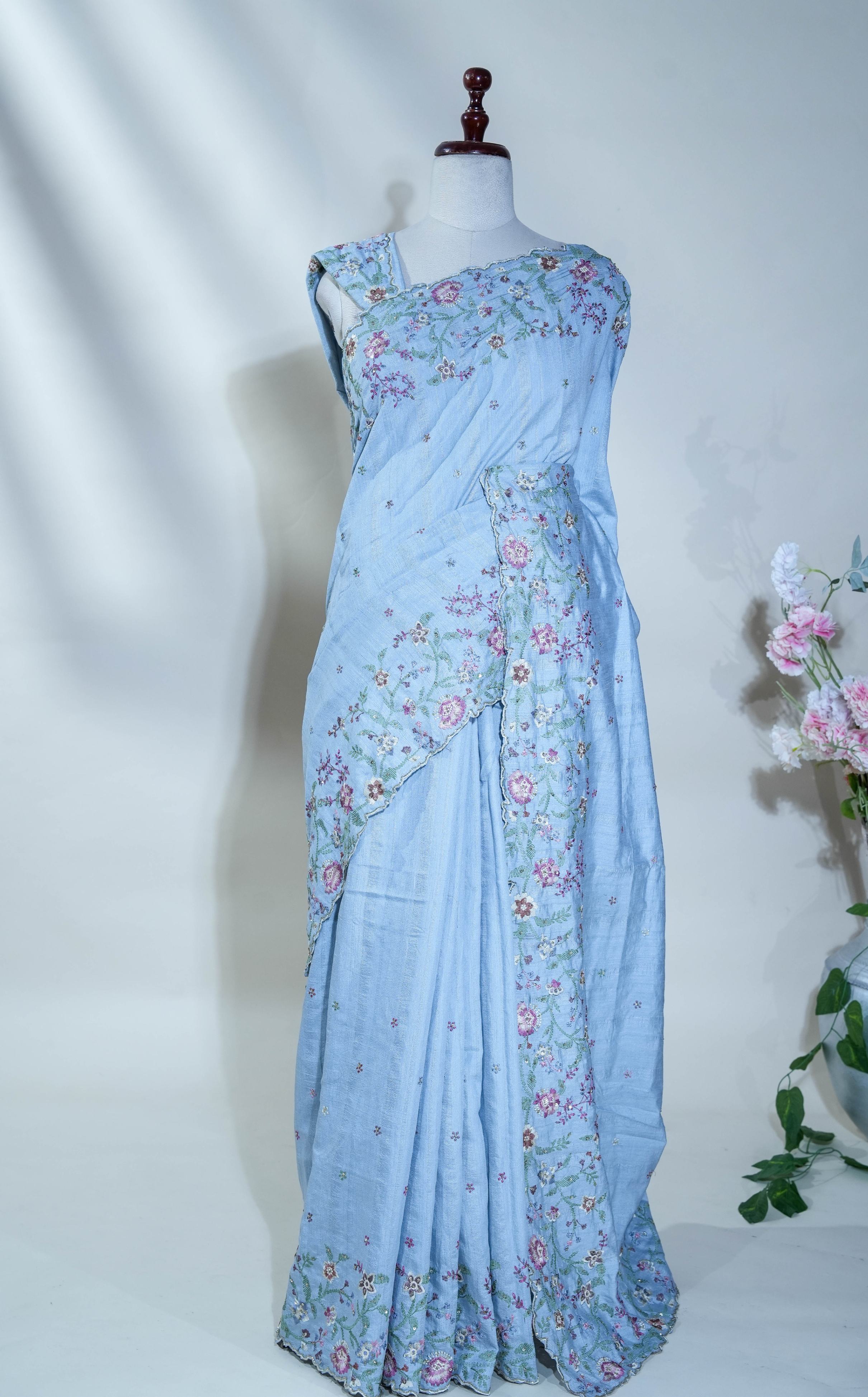 Grey Embroidery Tussar Saree