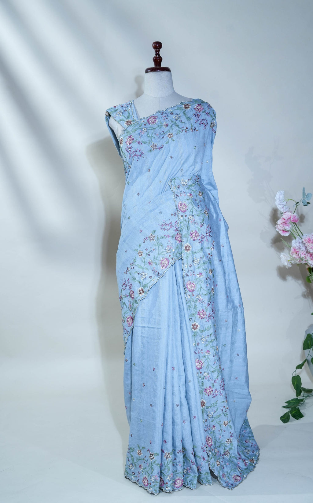Grey Embroidery Tussar Saree