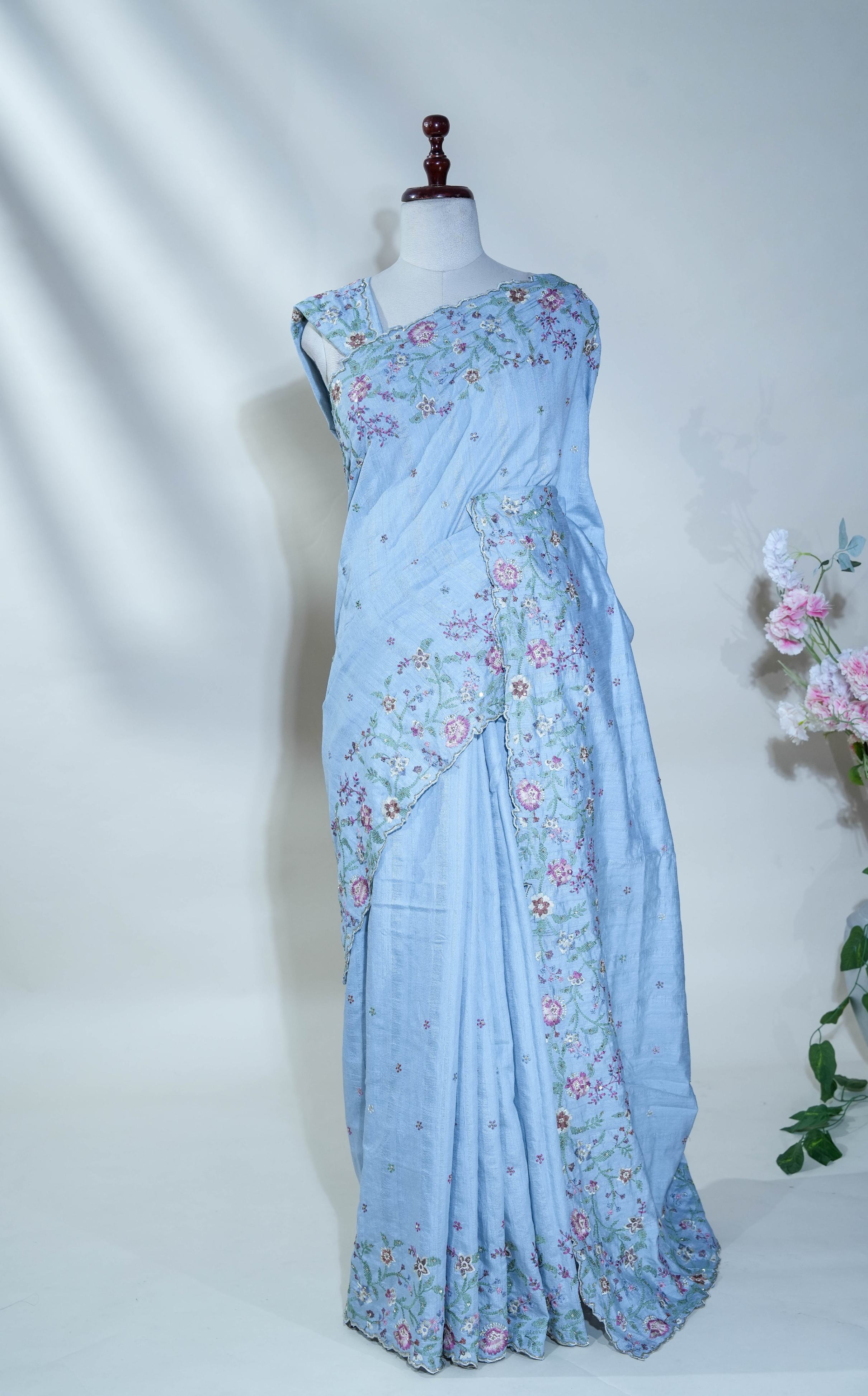 Grey Embroidery Tussar Saree