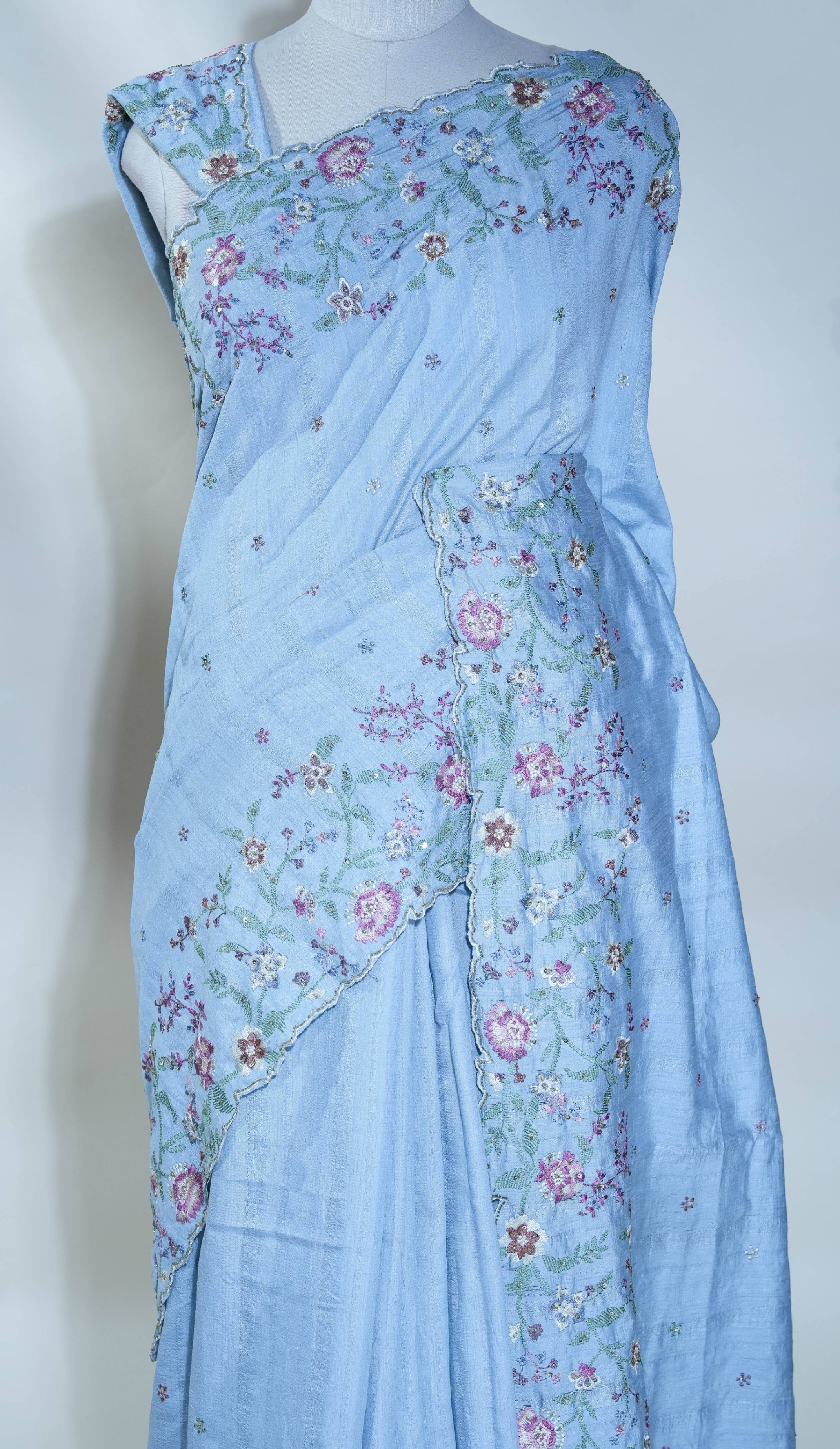 Grey Embroidery Tussar Saree