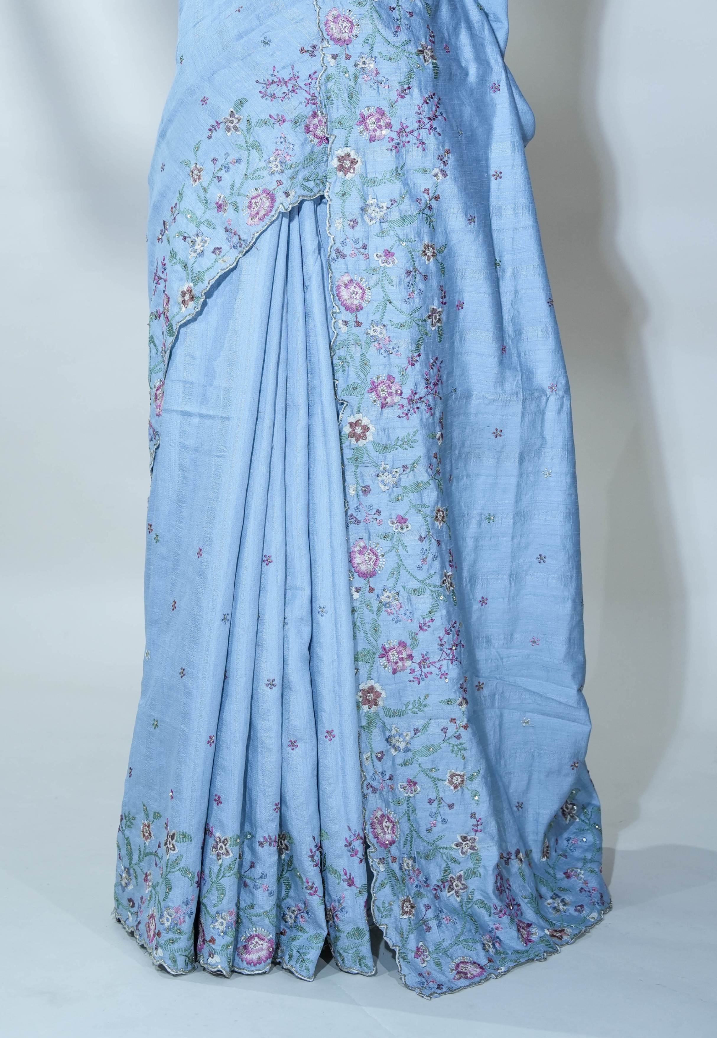 Grey Embroidery Tussar Saree
