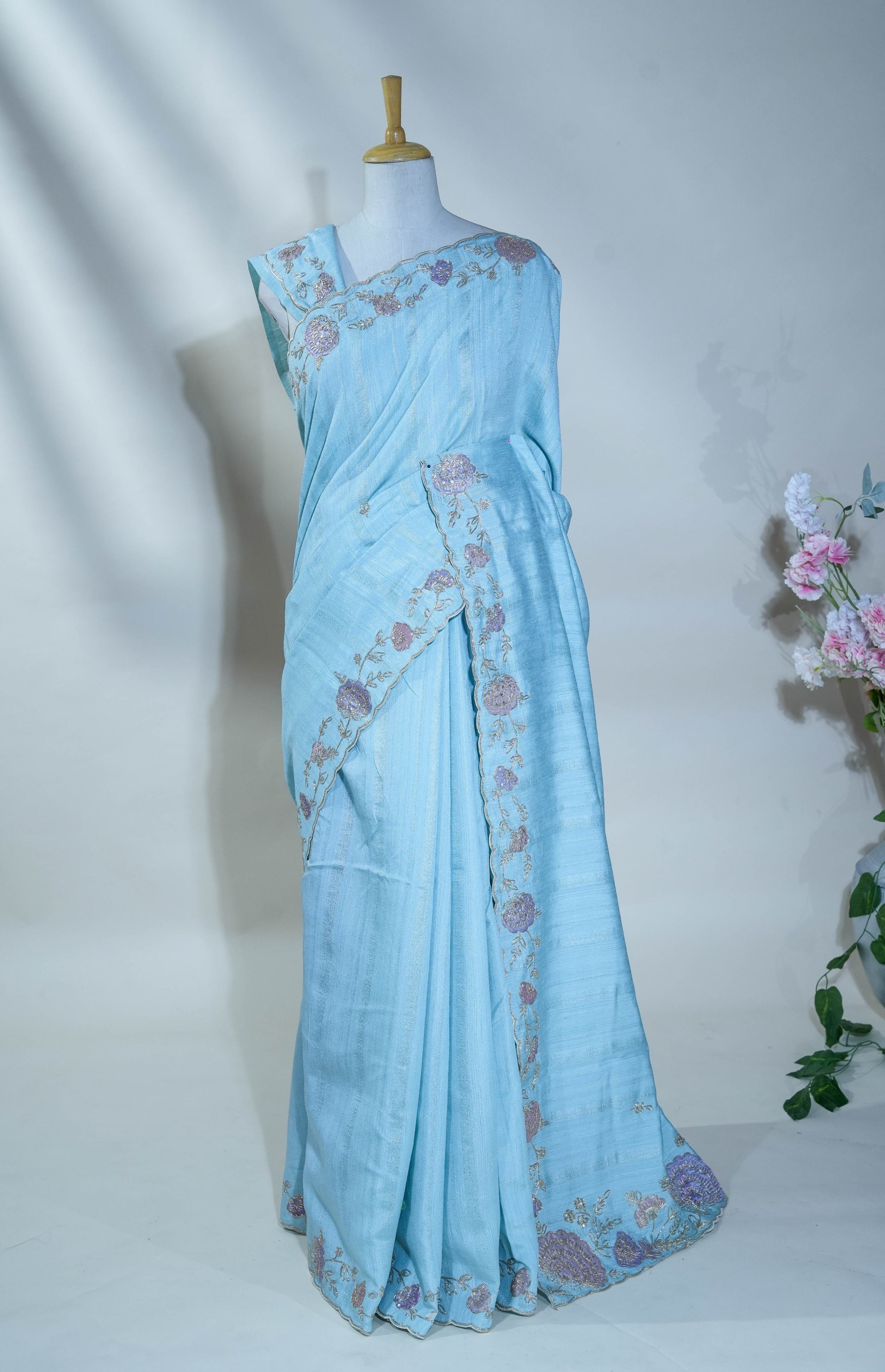 Ferozi Embroidery Tussar Saree