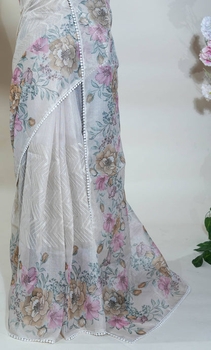 Gold Printed Embroidery Tissue Saree