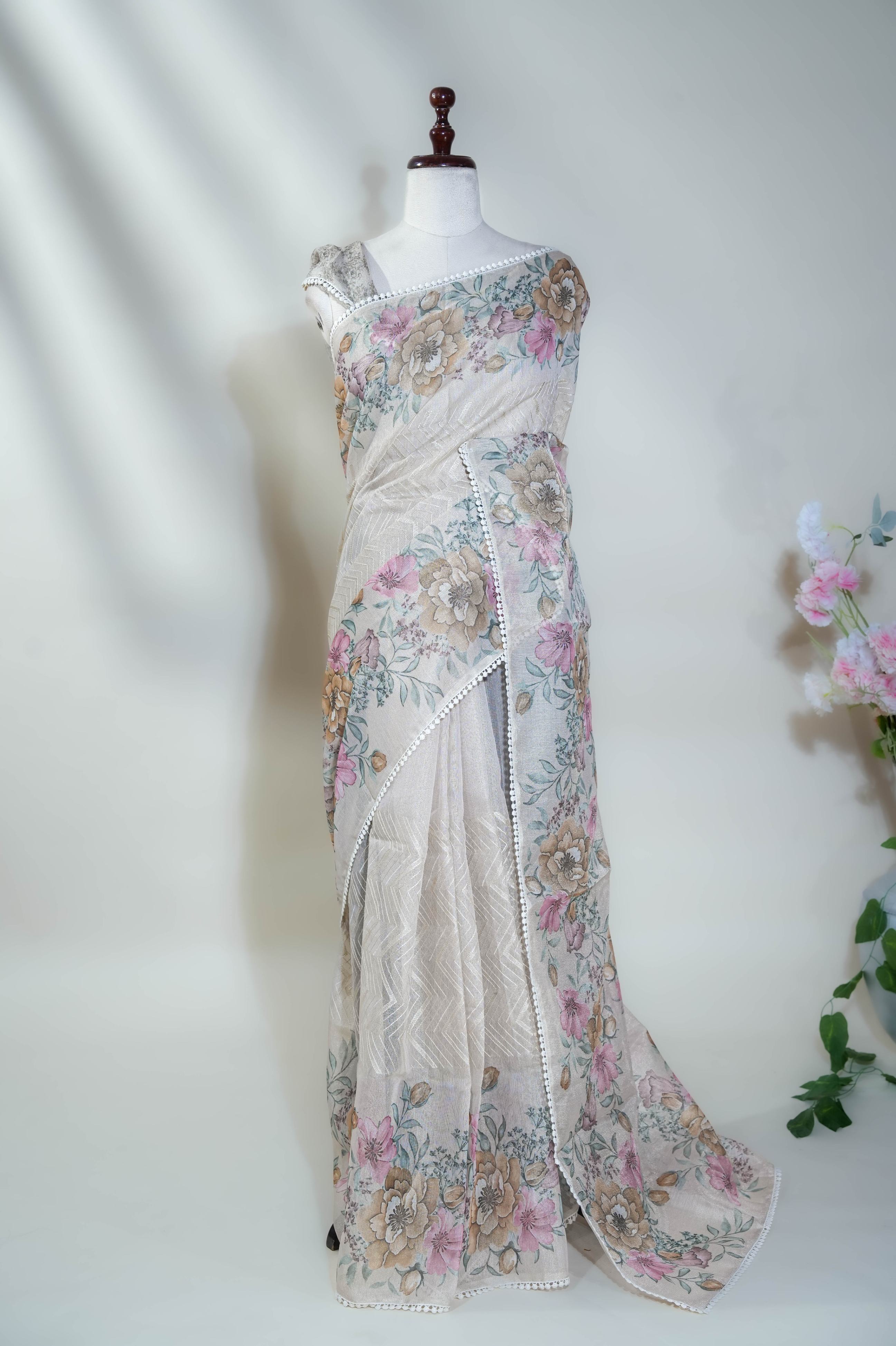 Gold Printed Embroidery Tissue Saree