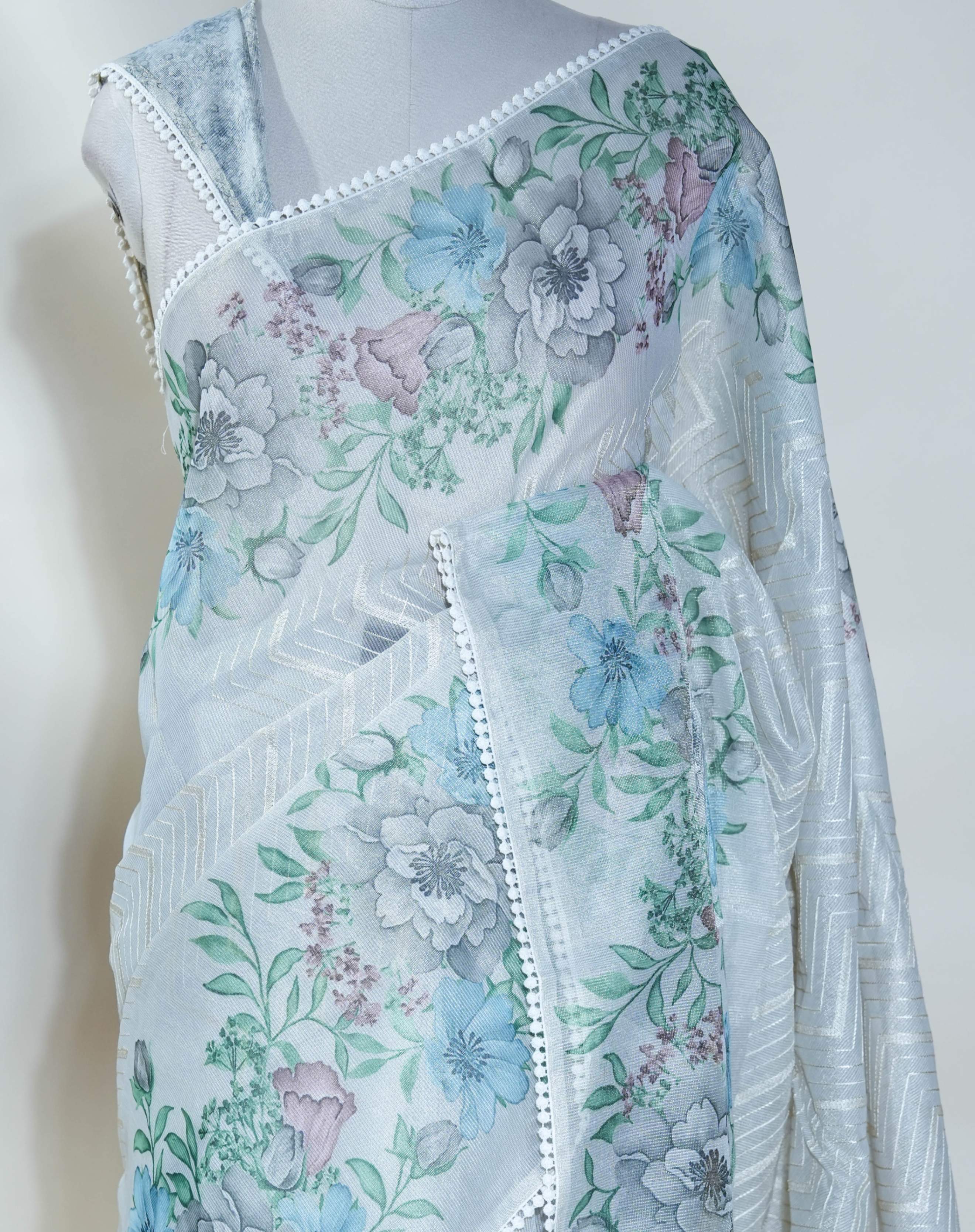 Silver Printed Embroidery Tissue Saree