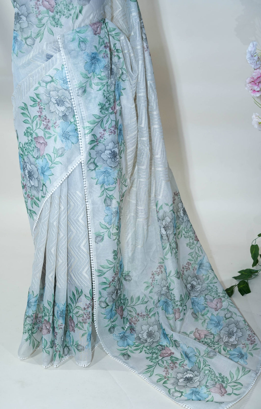 Silver Printed Embroidery Tissue Saree